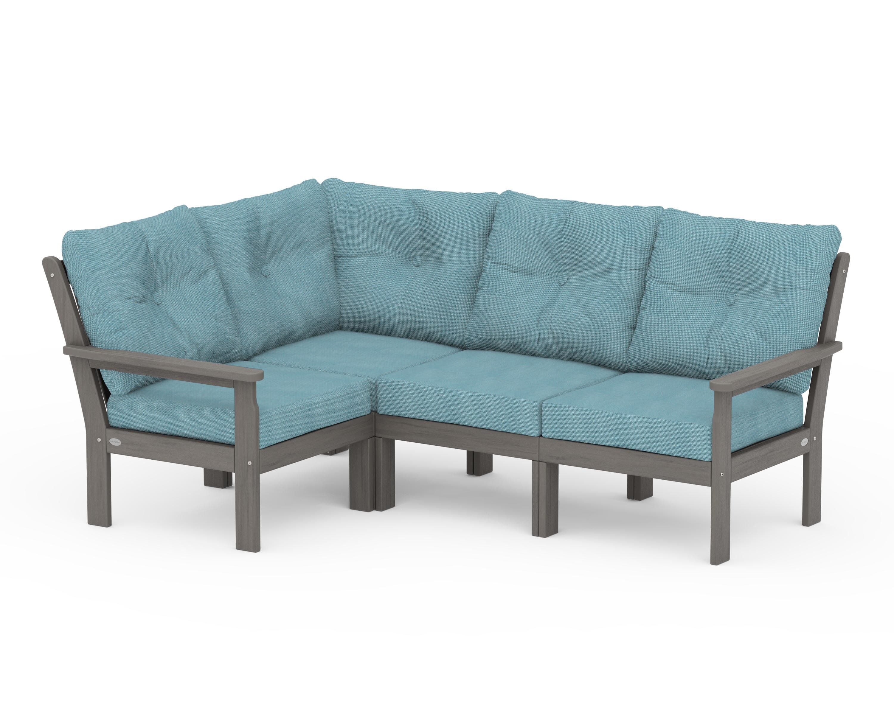 POLYWOOD Vineyard 4-Piece Sectional in Driftwood / Lattice Sky Blue