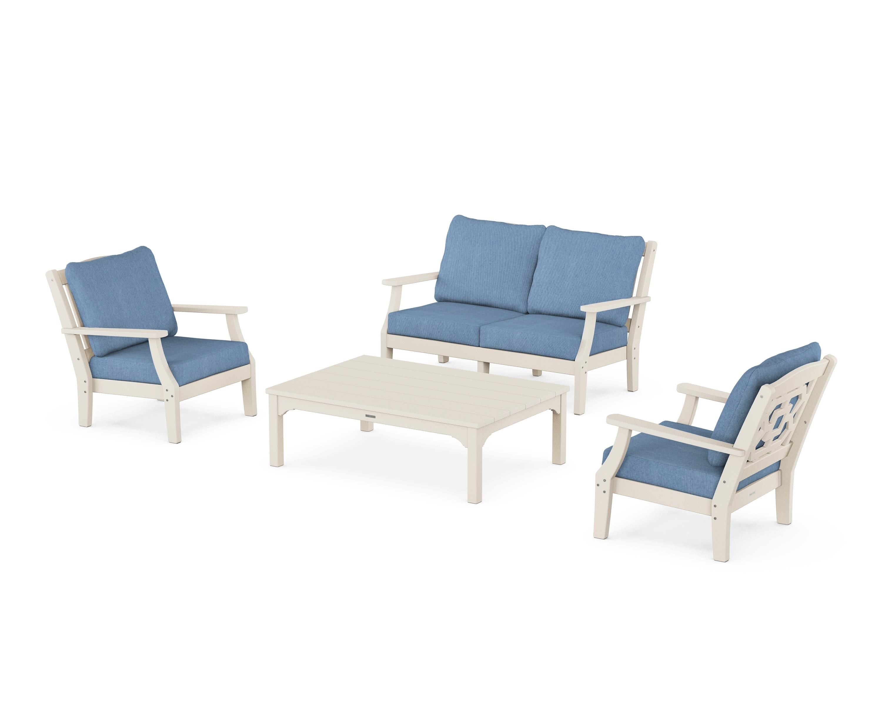 Martha Stewart by POLYWOOD Chinoiserie 4-Piece Deep Seating Set with Loveseat in Sand / Sky Blue