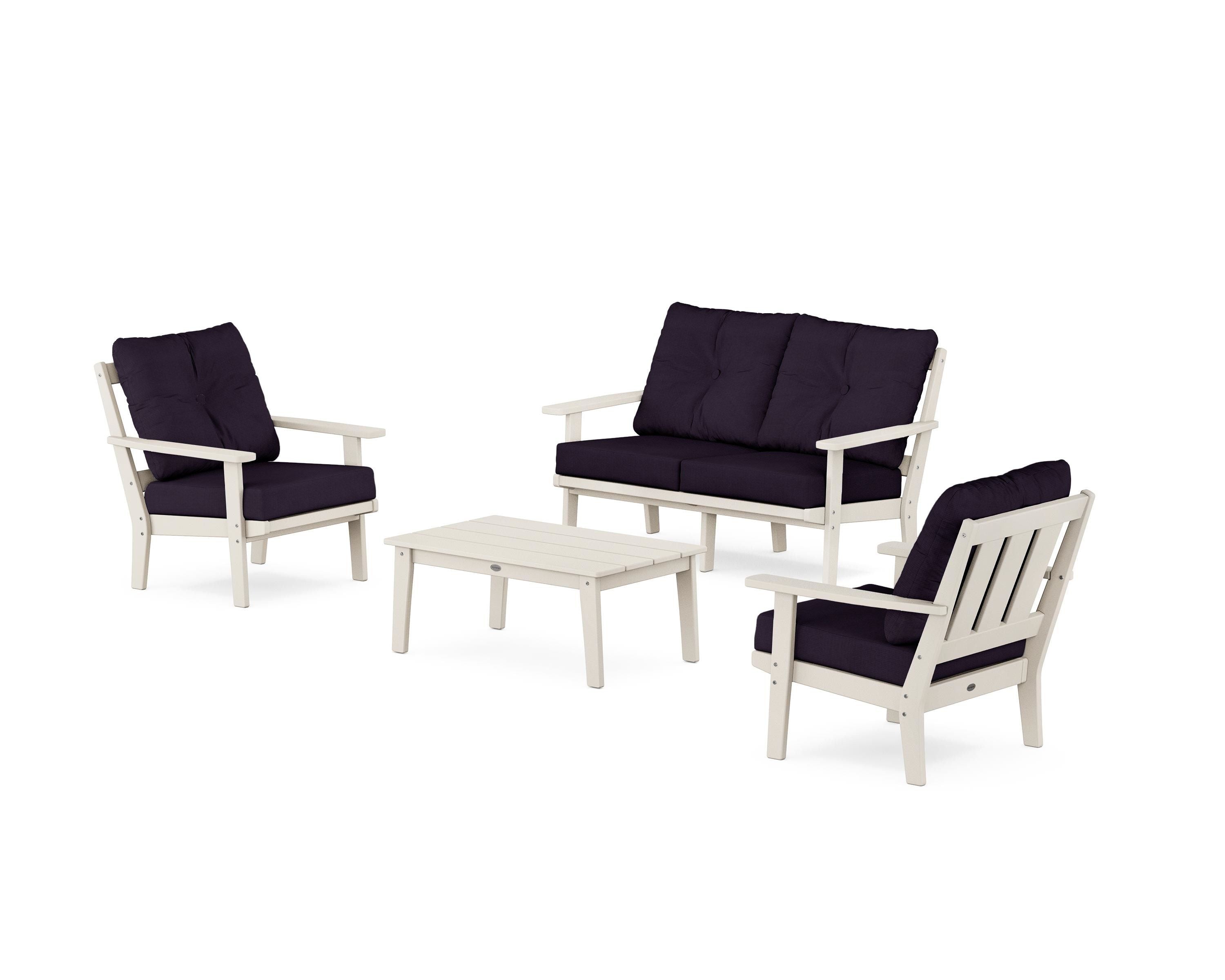 POLYWOOD Oxford 4-Piece Deep Seating Set with Loveseat in Sand / Navy Linen
