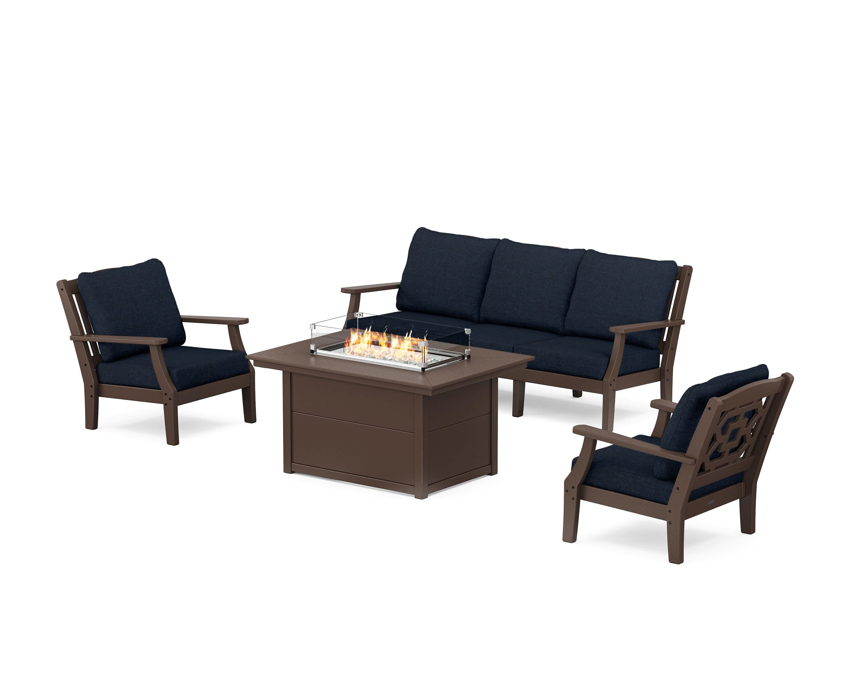 Martha Stewart by POLYWOOD Chinoiserie Deep Seating Fire Pit Table Set in Mahogany / Marine Indigo