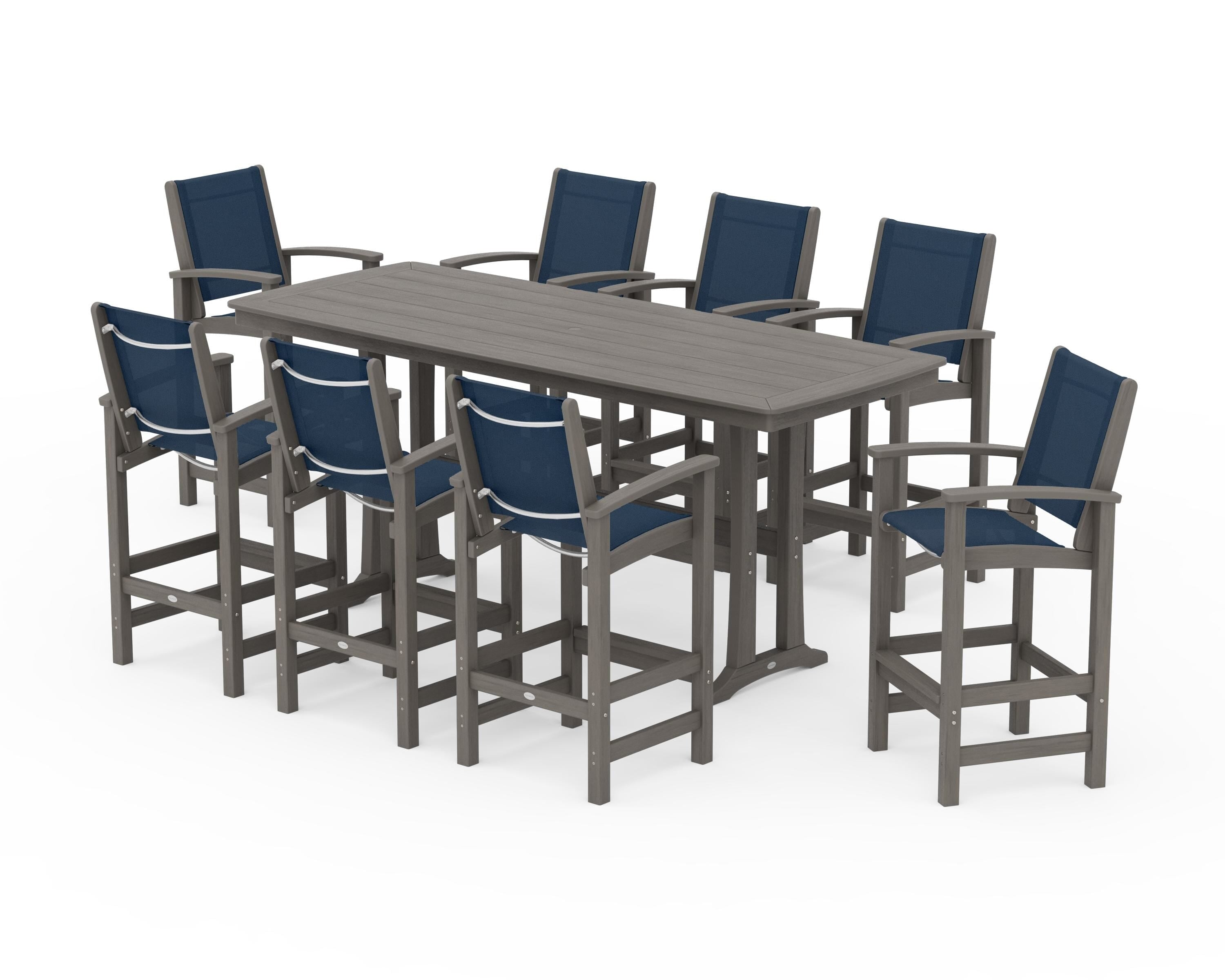POLYWOOD Coastal 9-Piece Bar Set with Trestle Legs in Driftwood / Navy Blue Sling