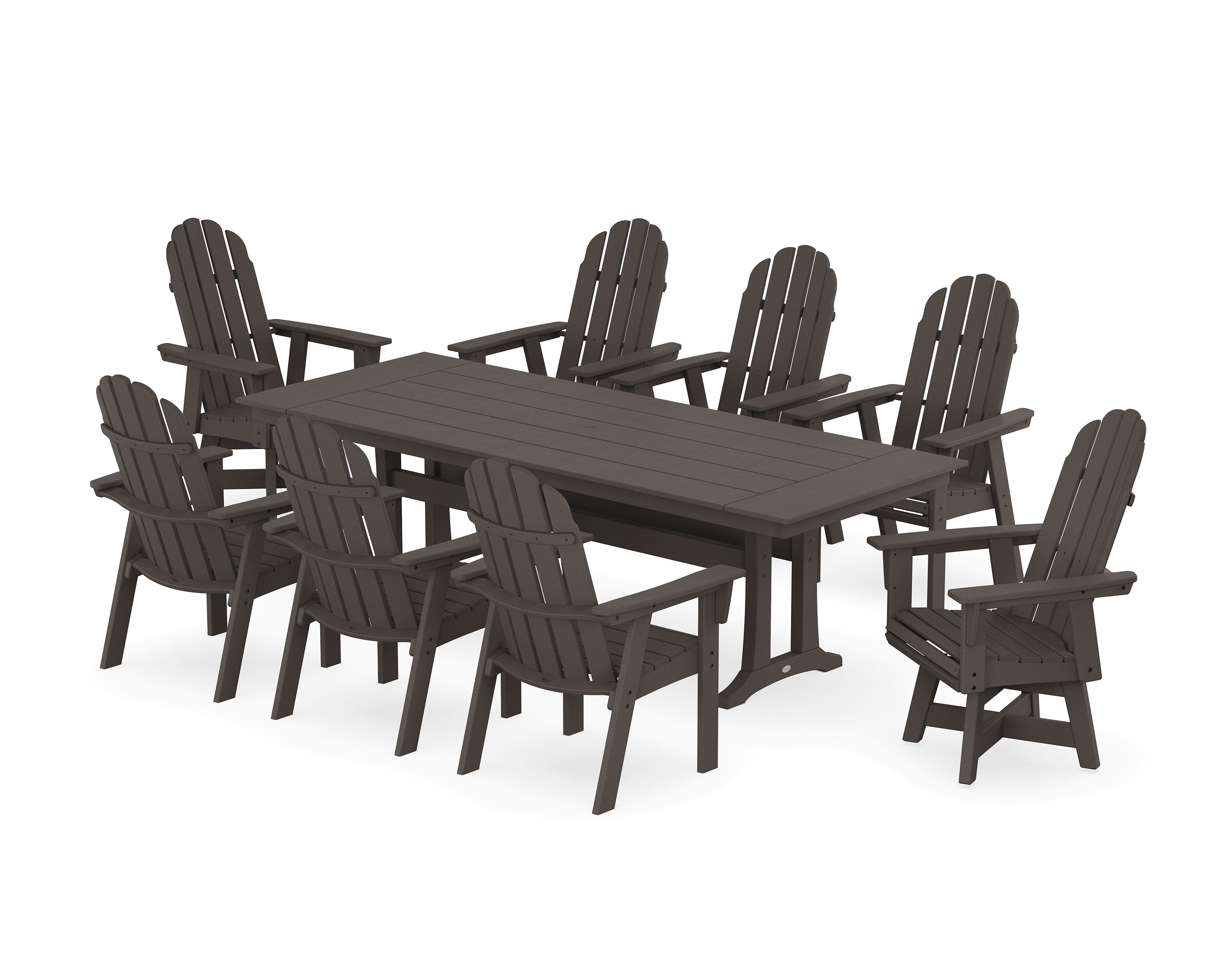 POLYWOOD® Vineyard 9-Piece Curveback Adirondack Swivel Farmhouse Dining Set with Trestle Legs in Vintage Coffee