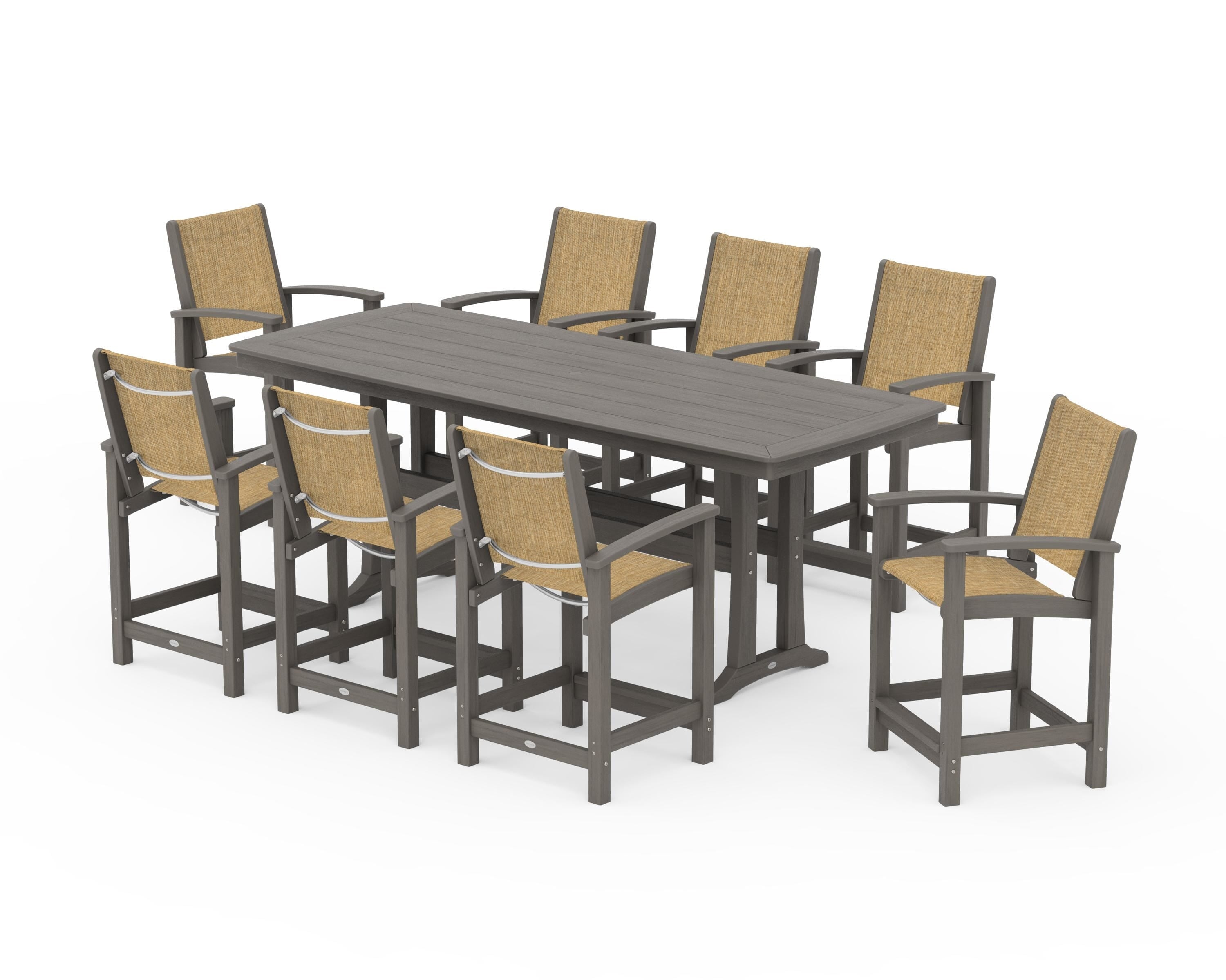 POLYWOOD Coastal 9-Piece Counter Set with Trestle Legs in Driftwood / Burlap Sling