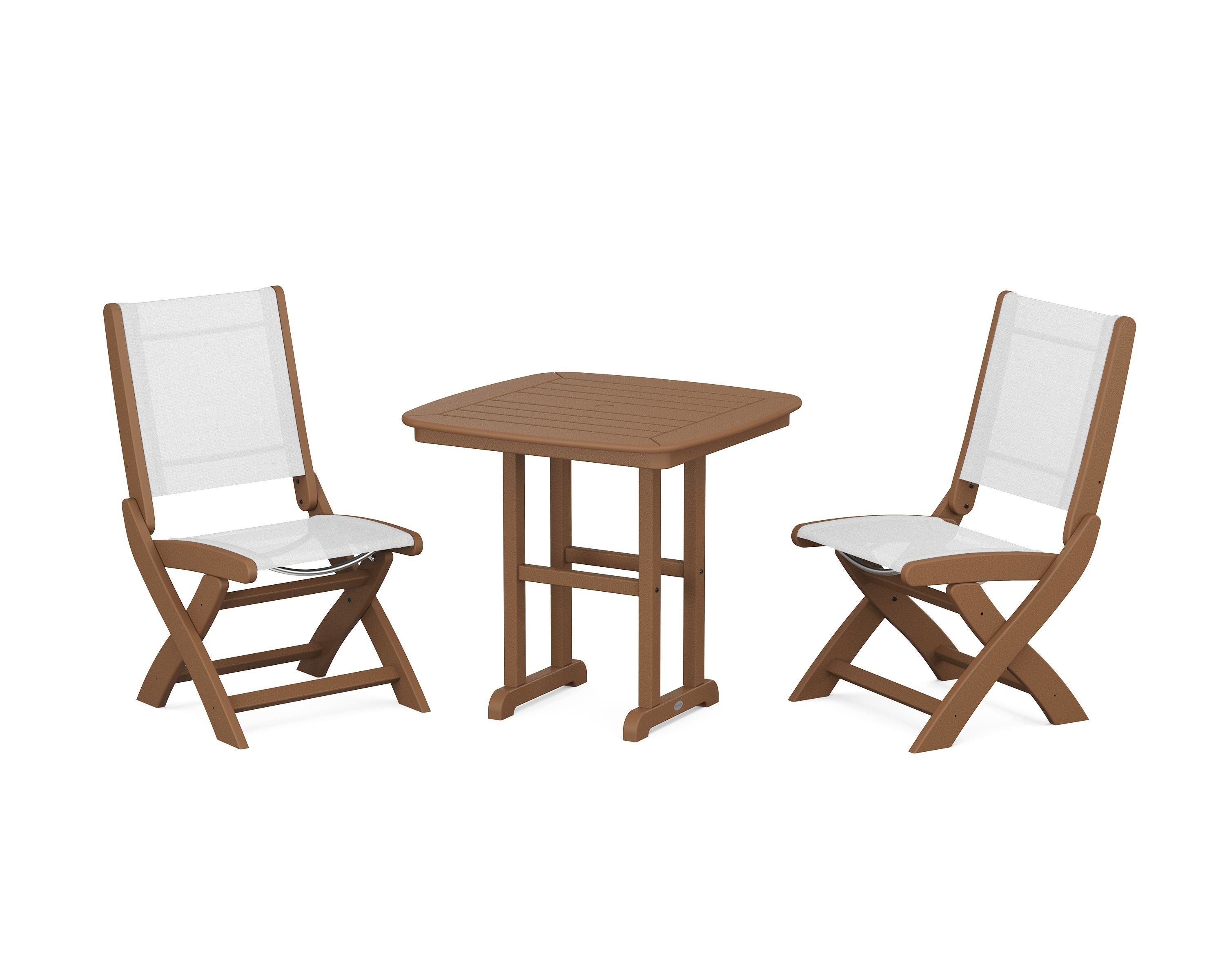 POLYWOOD Coastal Folding Side Chair 3-Piece Dining Set in Teak / White Sling