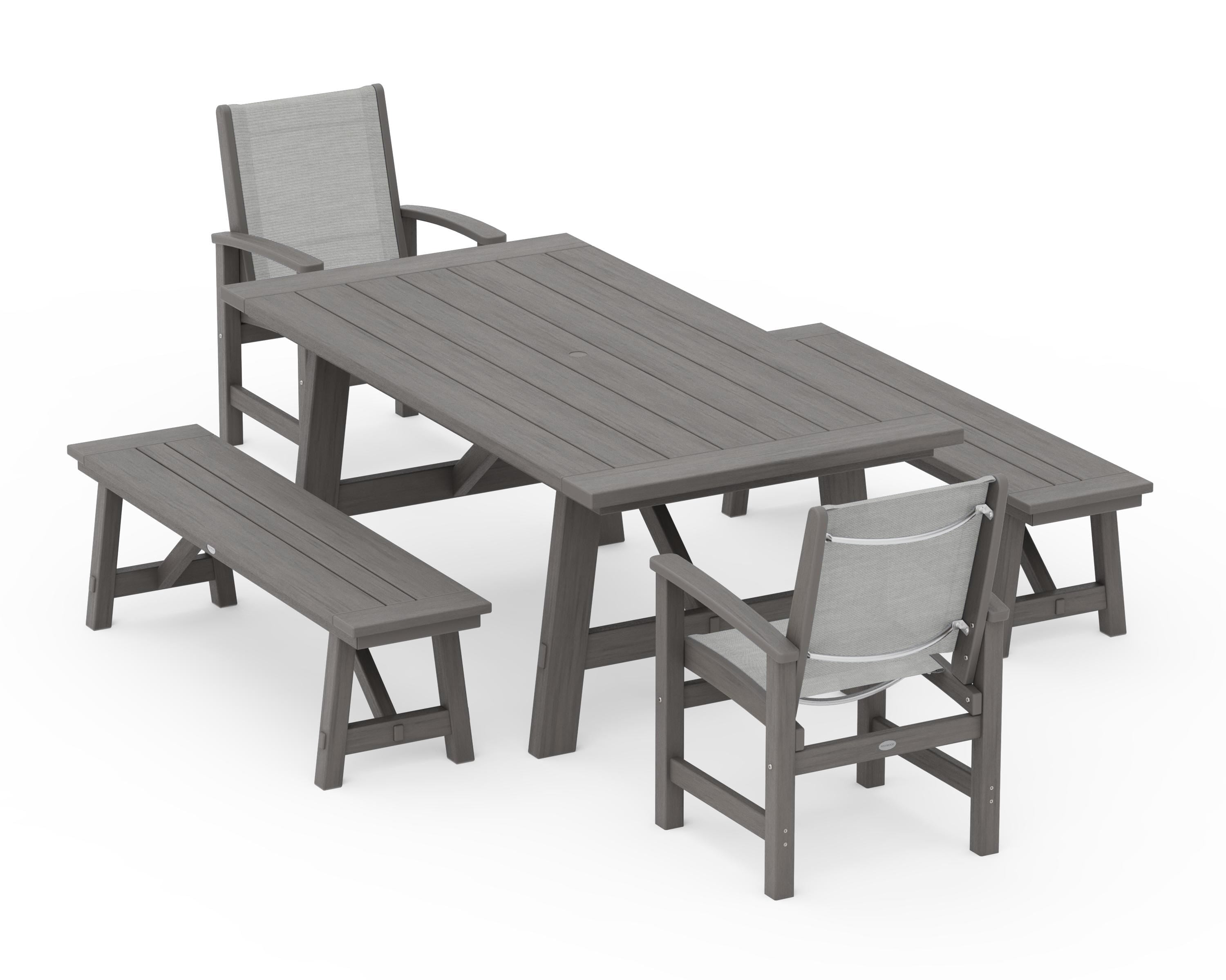 POLYWOOD Coastal 5-Piece Rustic Farmhouse Dining Set With Benches in Driftwood / Metallic Sling