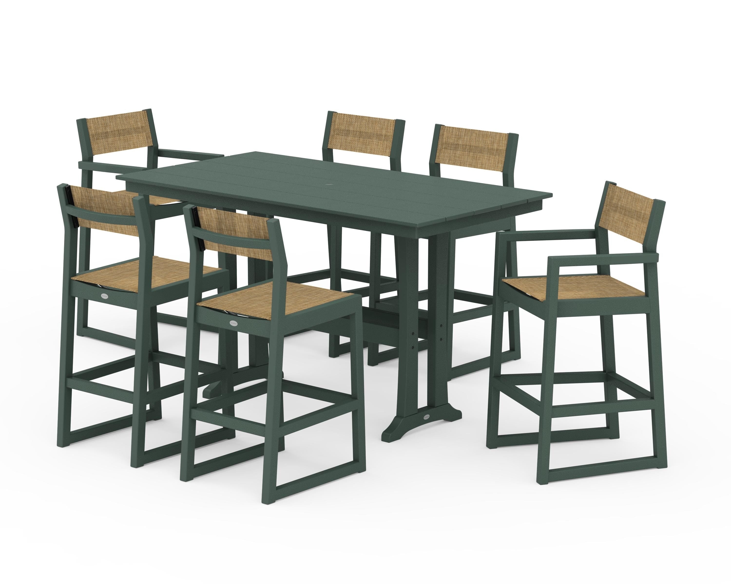 POLYWOOD EDGE Sling 7-Piece Farmhouse Bar Set with Trestle Legs in Green / Burlap Sling