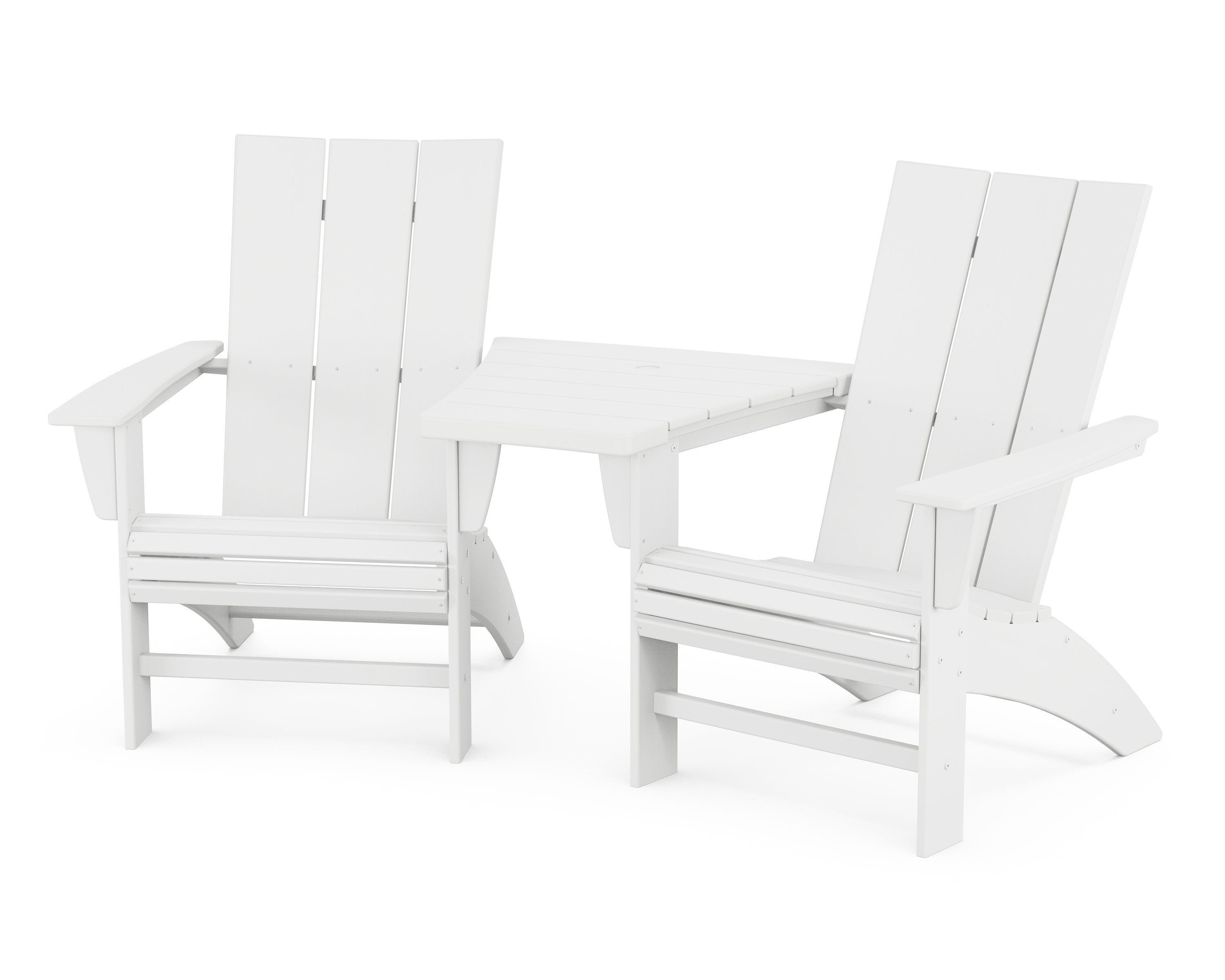 POLYWOOD® Modern 3-Piece Curveback Adirondack Set with Angled Connecting Table in White