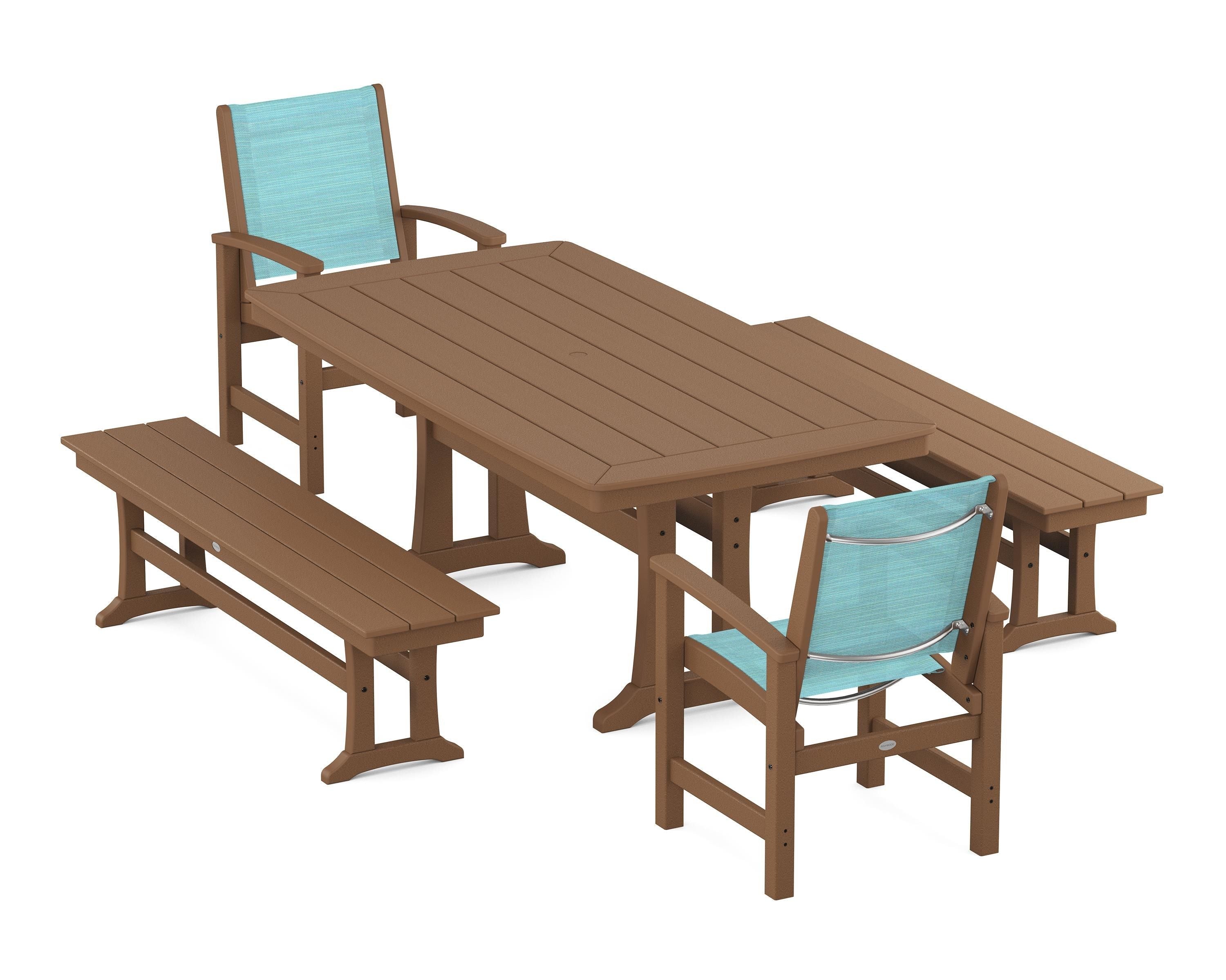 POLYWOOD Coastal 5-Piece Dining Set with Trestle Legs and Benches in Teak / Dupioni Aquamarine Sling