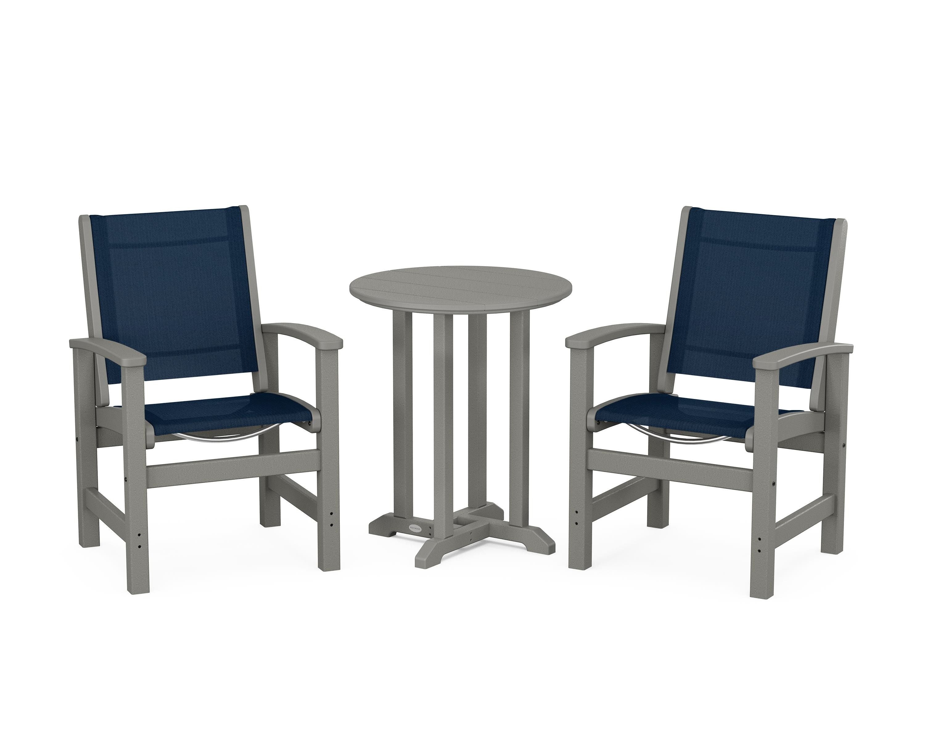 POLYWOOD Coastal 3-Piece Round Bistro Dining Set in Slate Grey / Navy Blue Sling