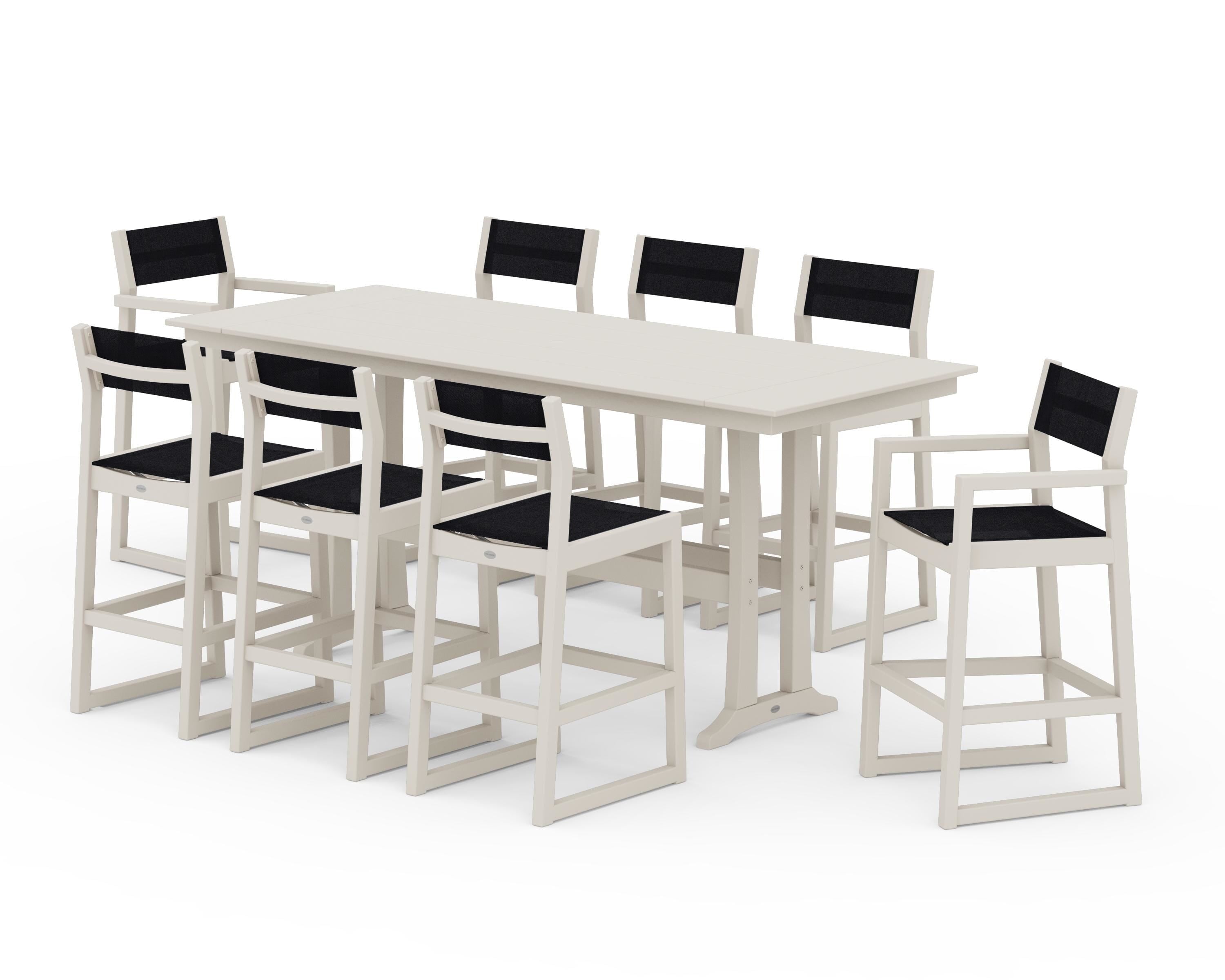 POLYWOOD EDGE Sling 9-Piece Farmhouse Bar Set with Trestle Legs in Sand / Black Sling