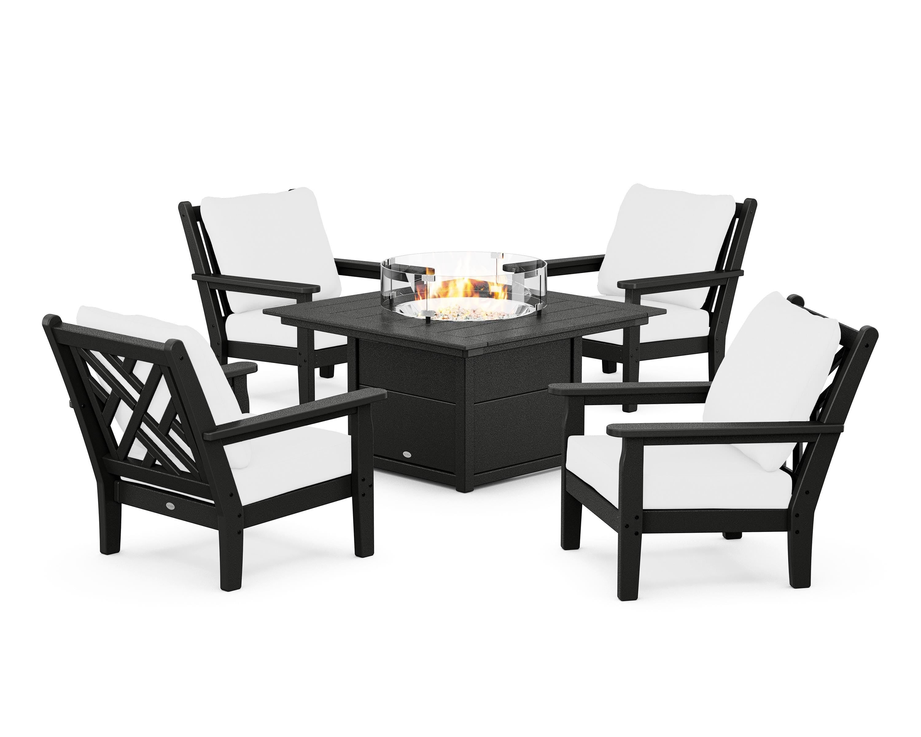 POLYWOOD Chippendale 5-Piece Deep Seating Set with Fire Pit Table in Black / Natural