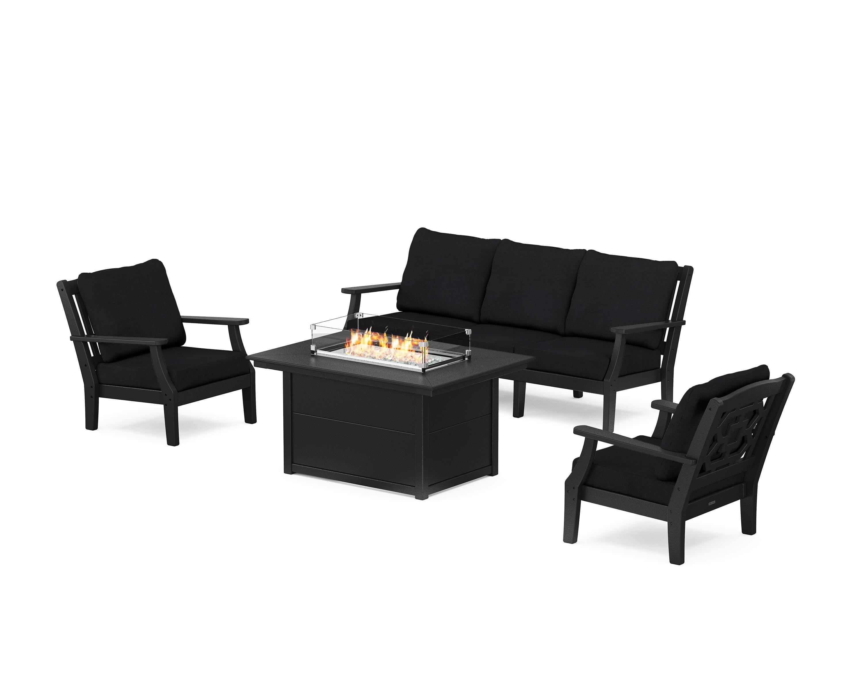 Martha Stewart by POLYWOOD Chinoiserie Deep Seating Fire Pit Table Set in Black / Midnight Linen