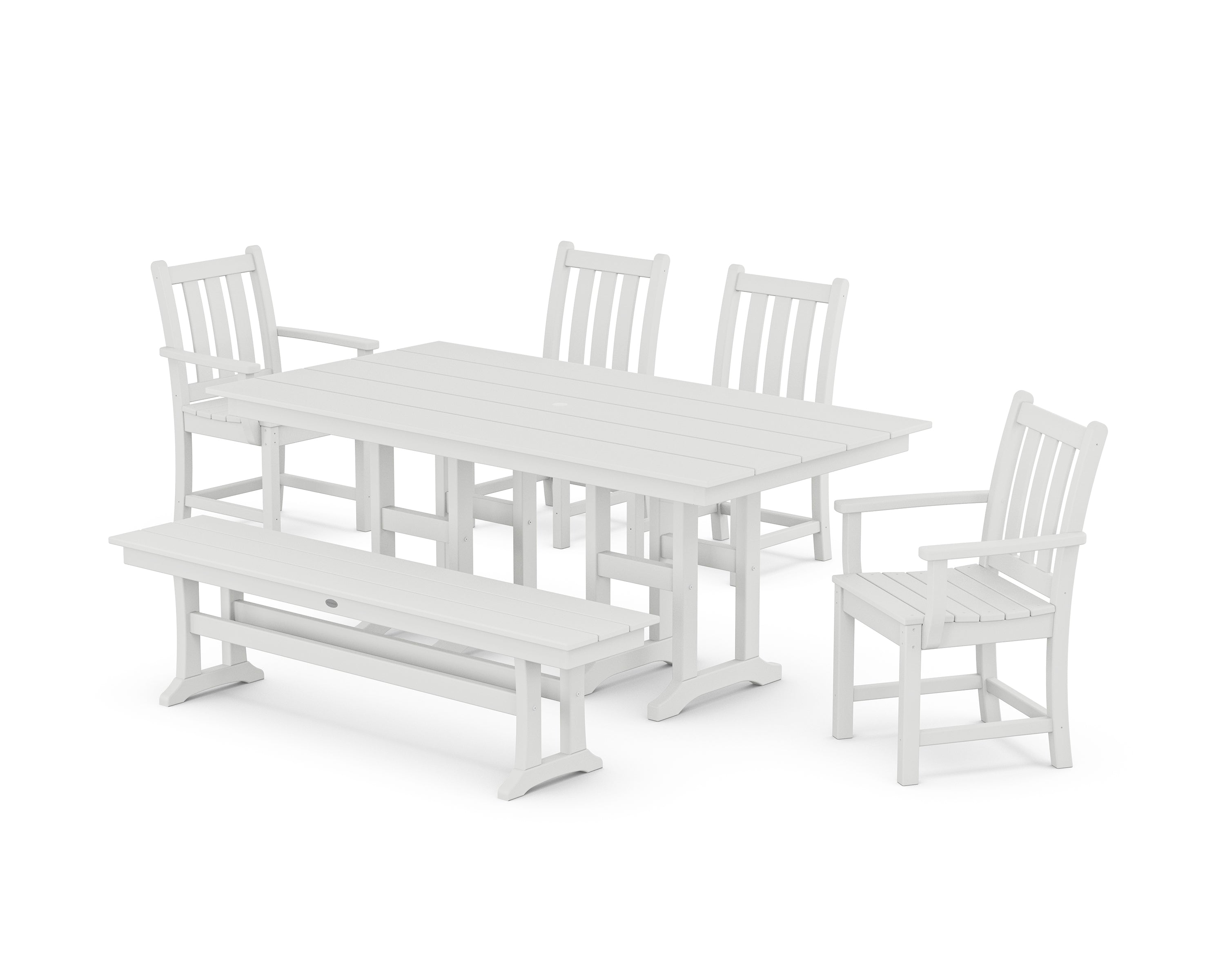 POLYWOOD Traditional Garden 6-Piece Farmhouse Dining Set with Bench in White