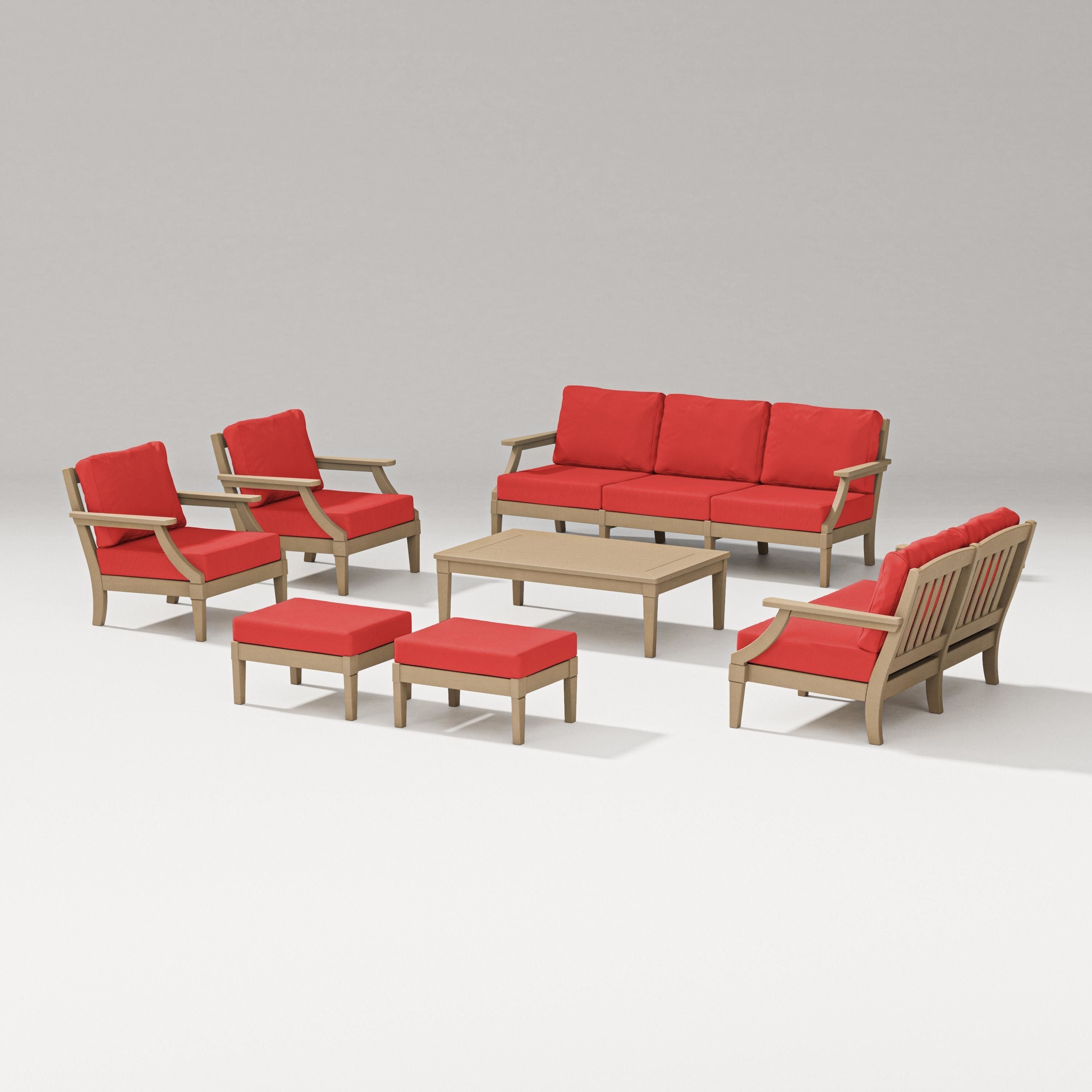PW Designer Series Estate 7-Piece Lounge Sofa Set in Vintage Sahara / Crimson Linen