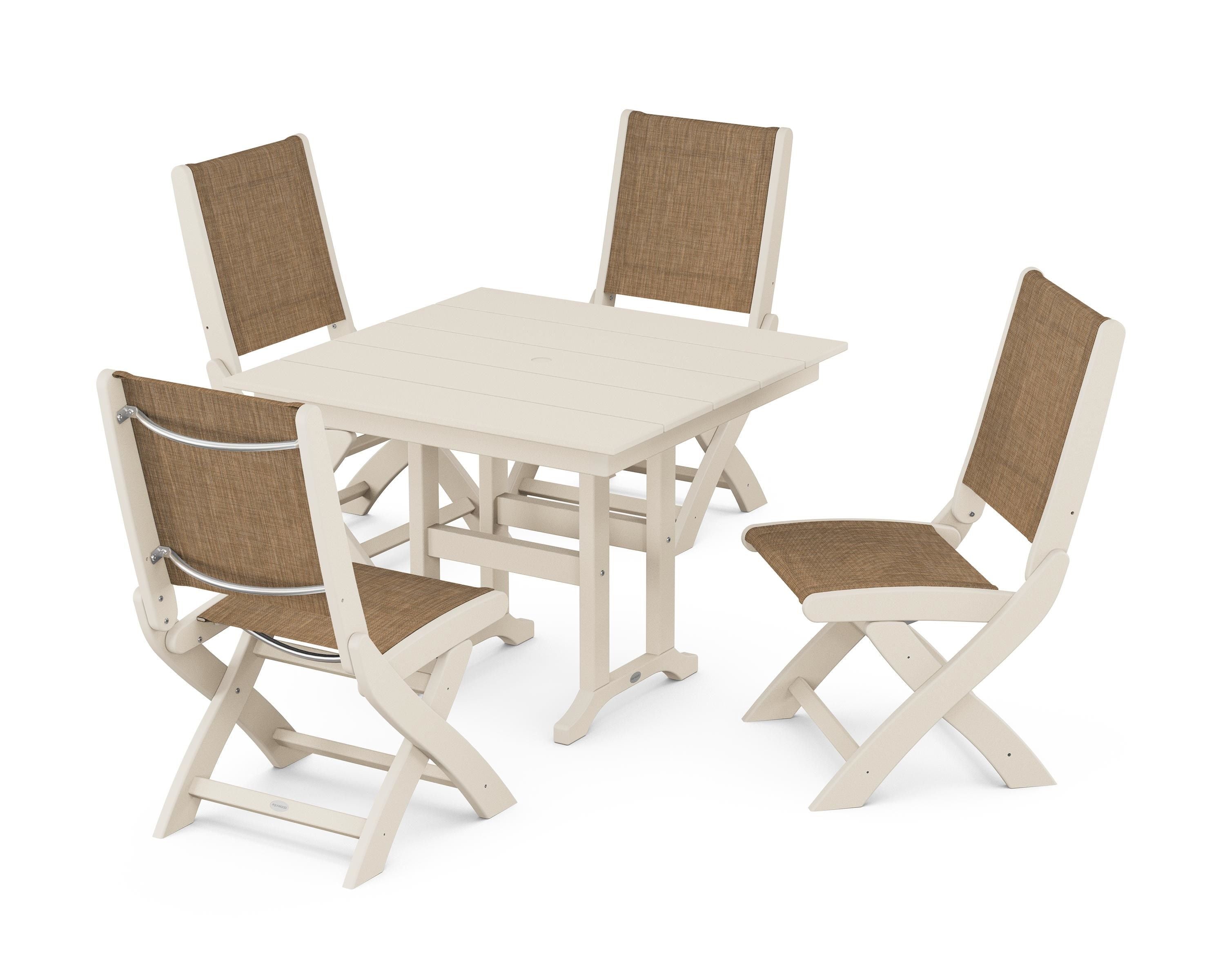 POLYWOOD Coastal Folding Side Chair 5-Piece Farmhouse Dining Set in Sand / Burlap Sling