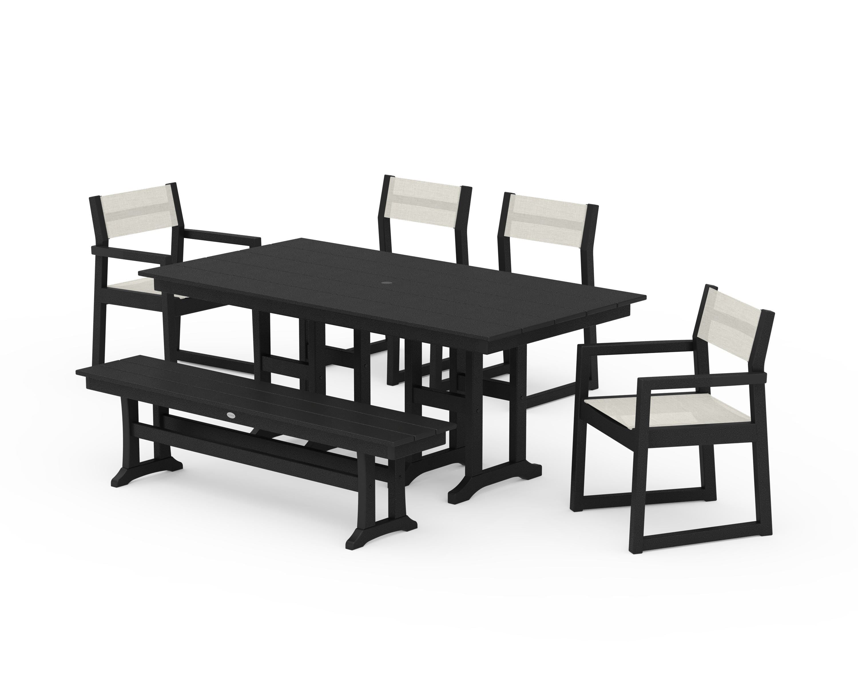 POLYWOOD EDGE Sling 6-Piece Farmhouse Dining Set in Black / Parchment Sling