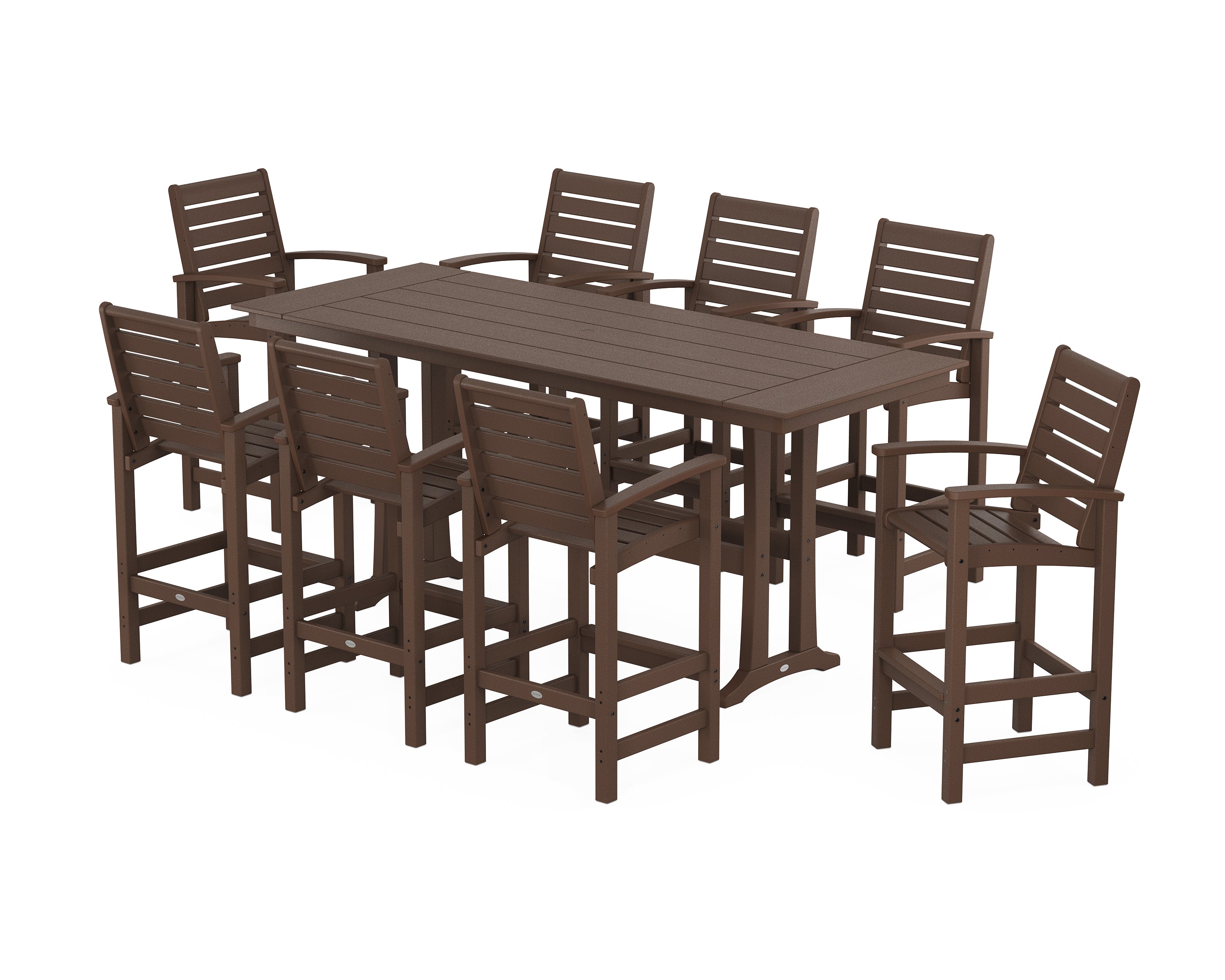 POLYWOOD® Signature 9-Piece Farmhouse Bar Set with Trestle Legs in Mahogany