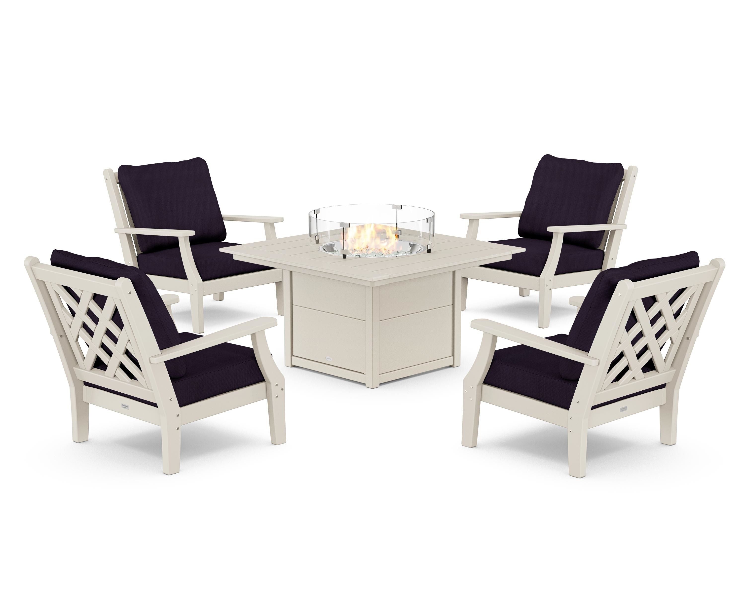 Country Living Wovendale 5-Piece Deep Seating Set with Fire Pit Table in Sand / Navy Linen