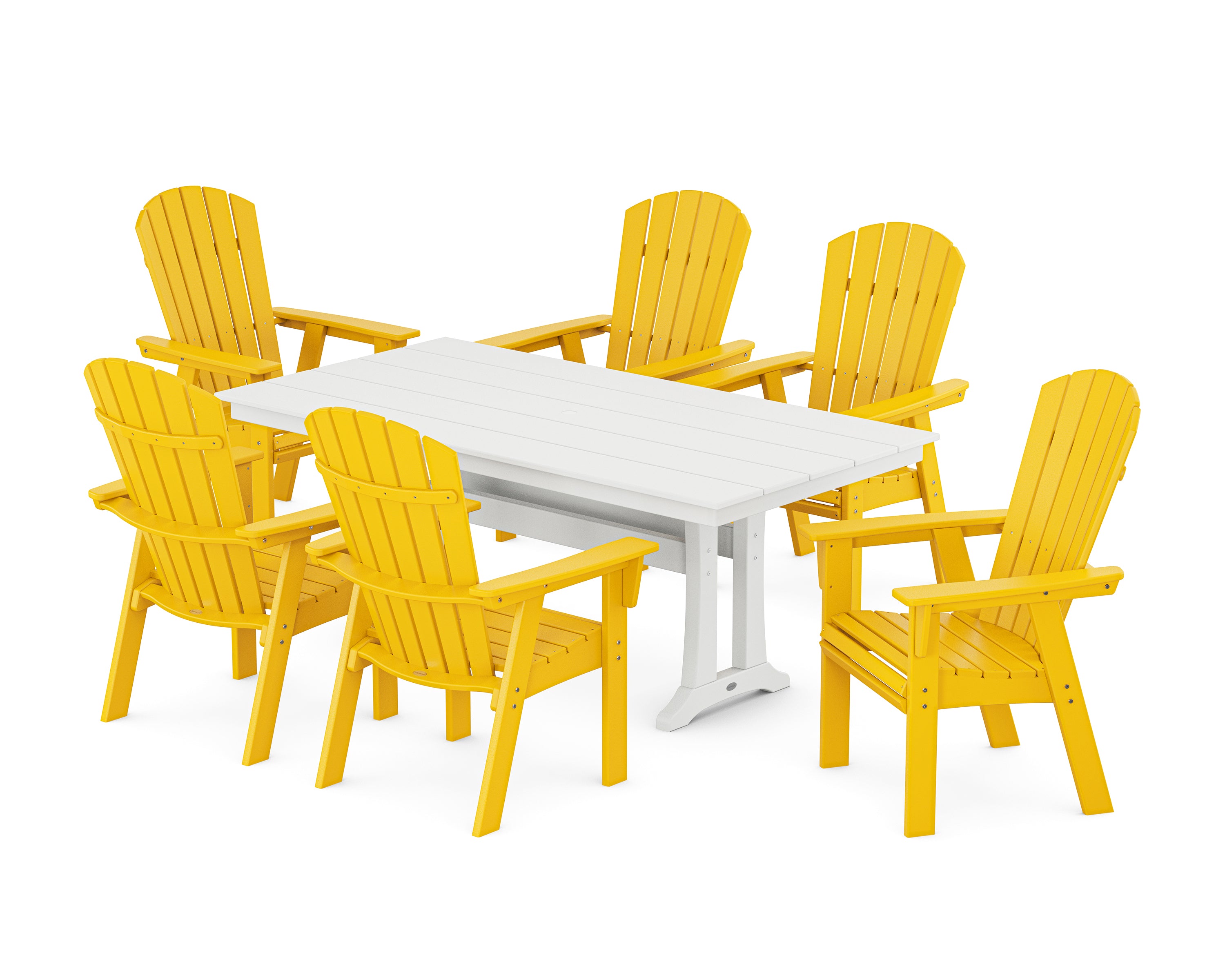 POLYWOOD Nautical Curveback Adirondack 7-Piece Farmhouse Dining Set with Trestle Legs in Lemon / White