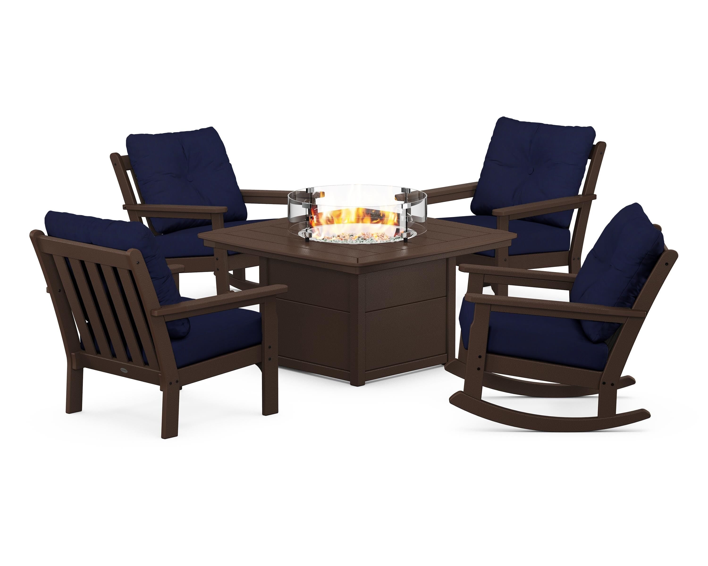 POLYWOOD Vineyard 5-Piece Deep Seating Rocking Chair Conversation Set with Fire Pit Table in Mahogany / Navy