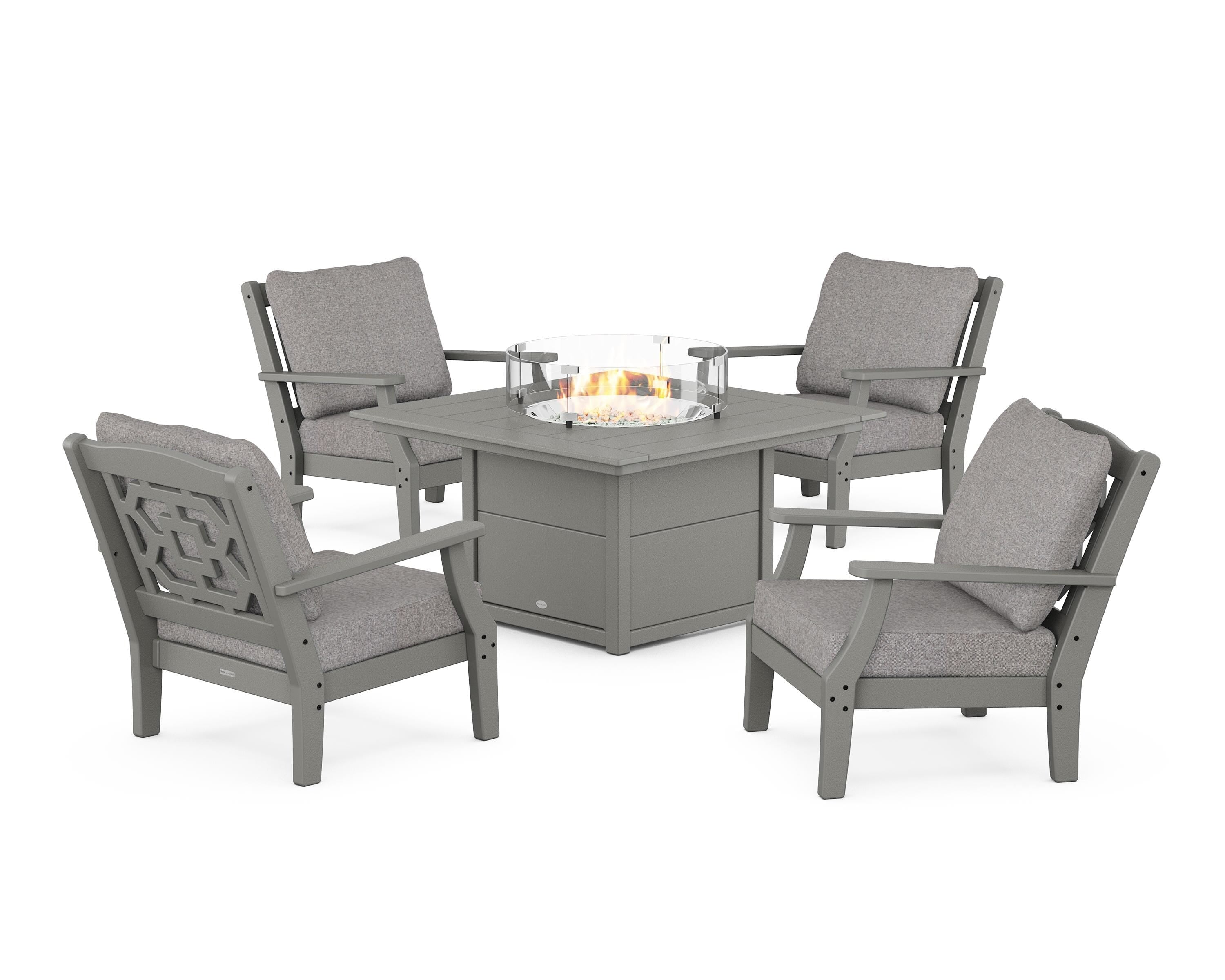 Martha Stewart by POLYWOOD Chinoiserie 5-Piece Deep Seating Set with Fire Pit Table in Slate Grey / Grey Mist