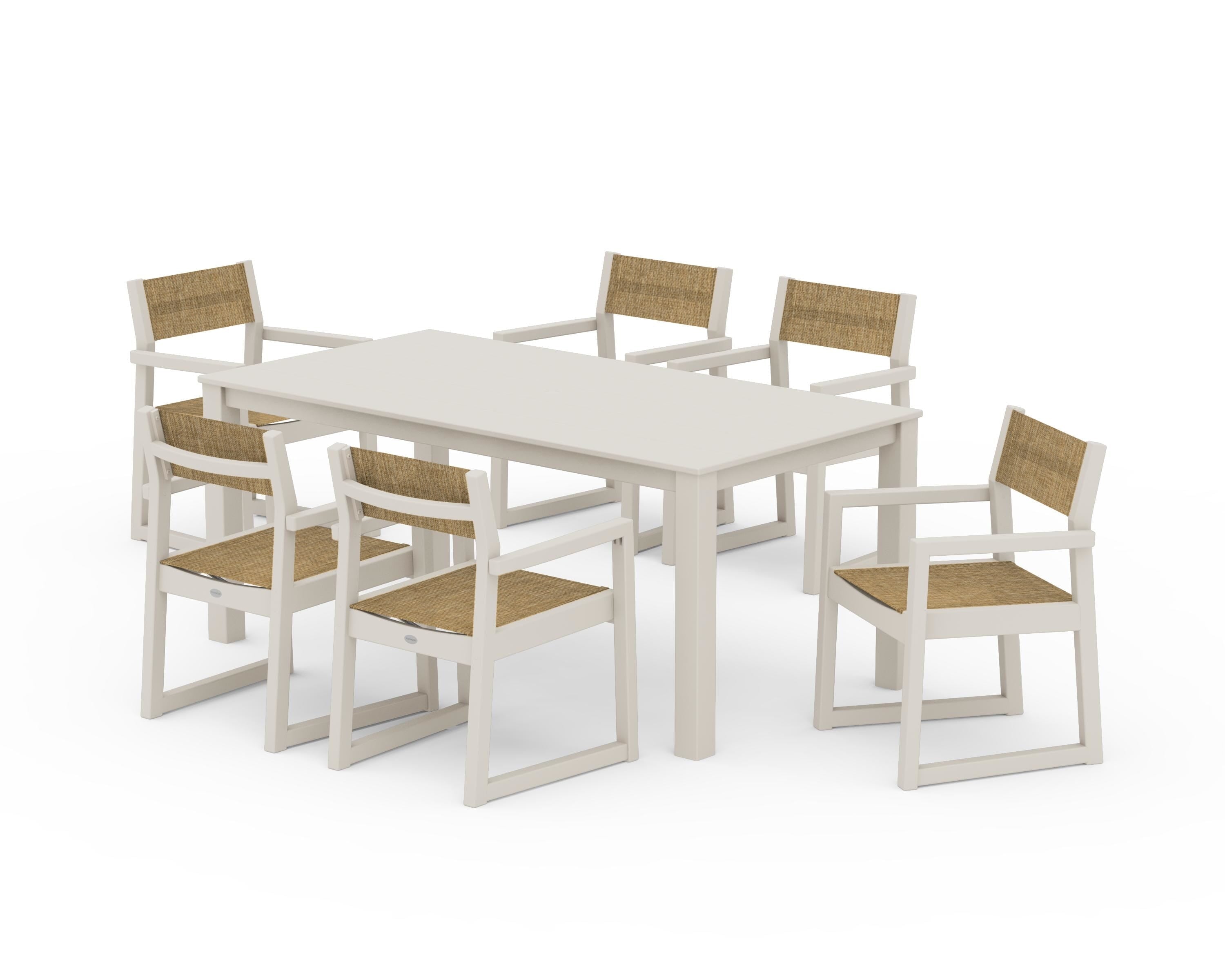 POLYWOOD EDGE Sling Arm Chair 7-Piece Parsons Dining Set in Sand / Burlap Sling