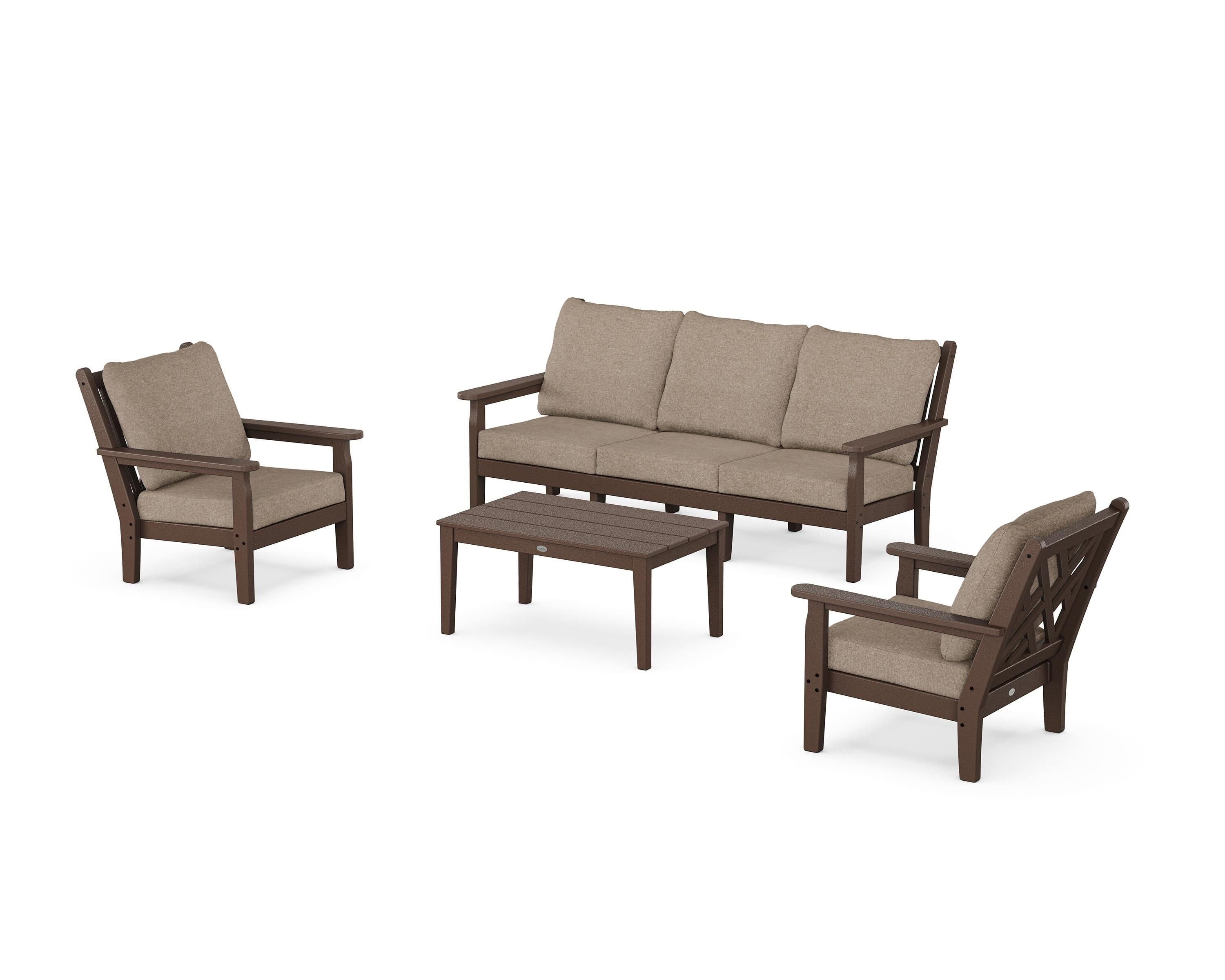 POLYWOOD Chippendale 4-Piece Deep Seating Set with Sofa in Mahogany / Spiced Burlap