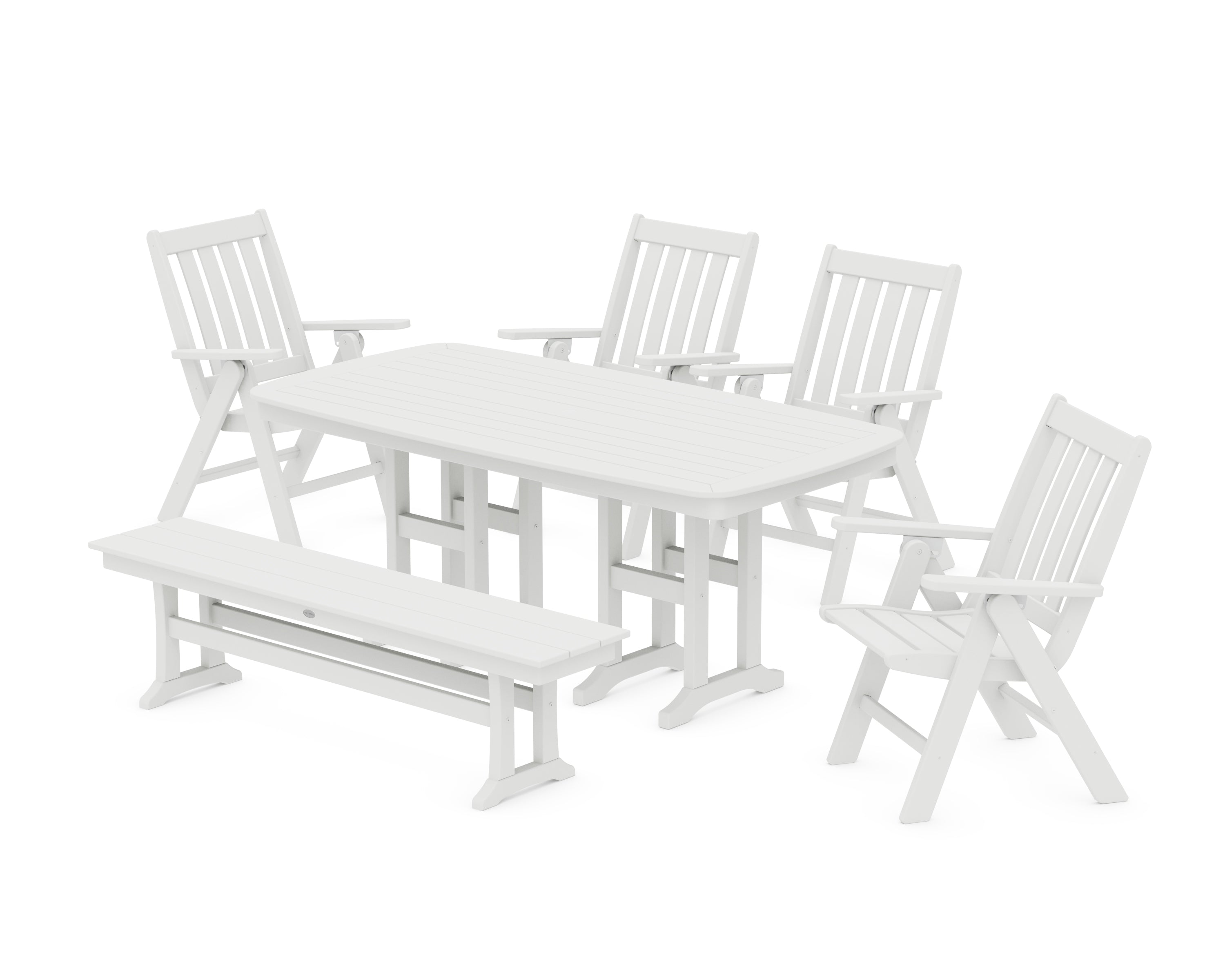 POLYWOOD Vineyard Folding Chair 6-Piece Dining Set with Bench in White