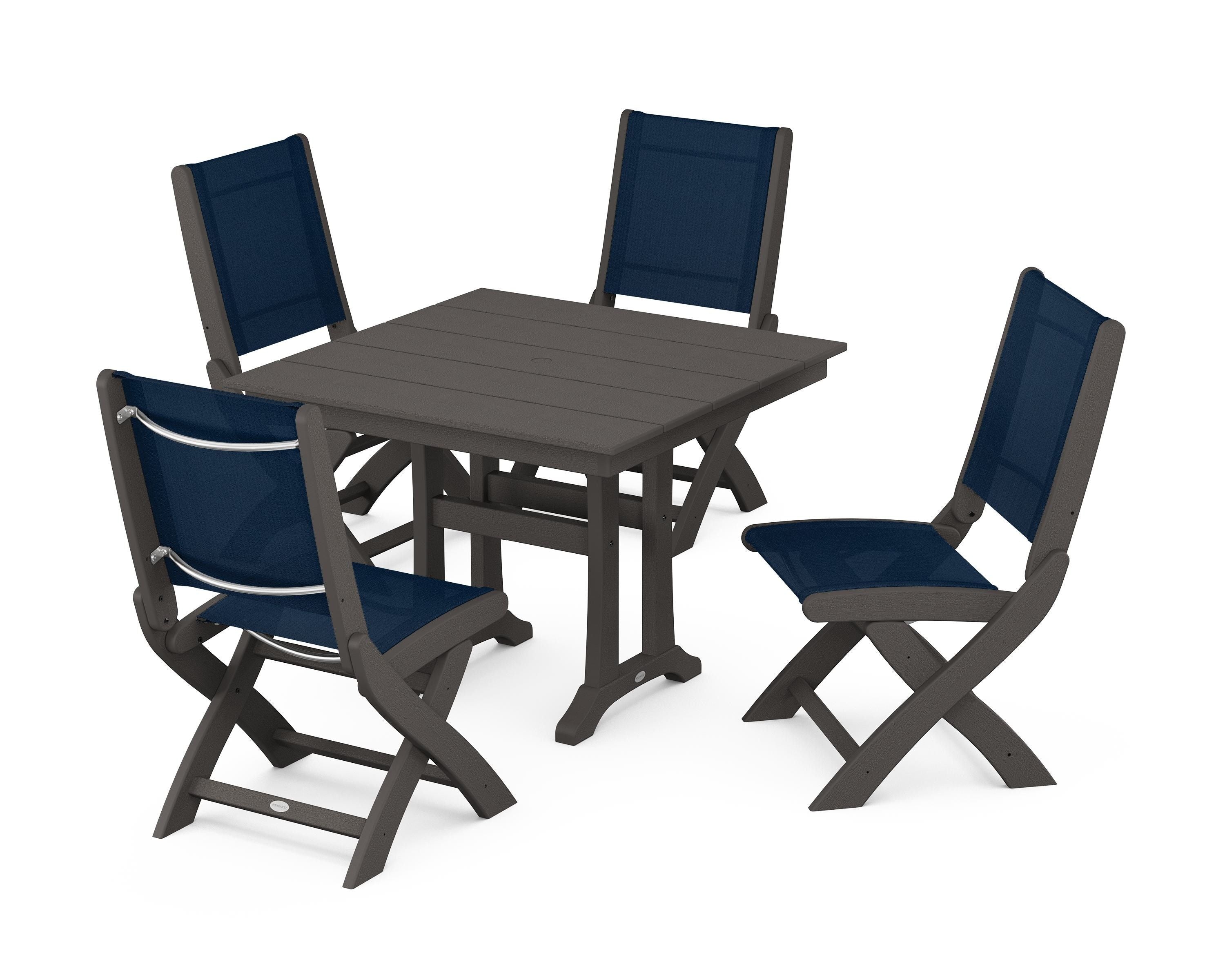 POLYWOOD Coastal Folding Side Chair 5-Piece Farmhouse Dining Set With Trestle Legs in Vintage Coffee / Navy Blue Sling