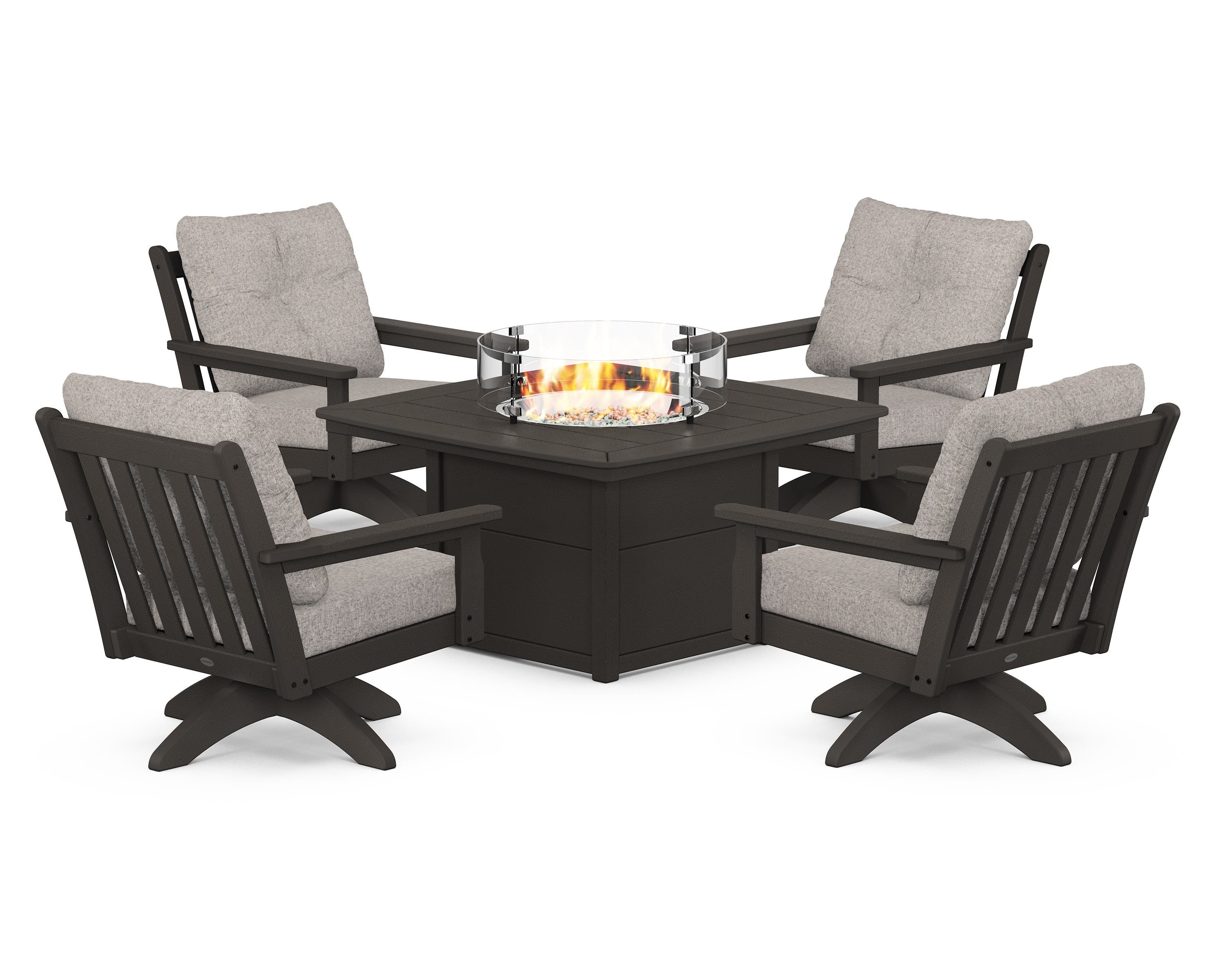 POLYWOOD Vineyard 5-Piece Deep Seating Swivel Conversation Set with Fire Pit Table in Vintage Coffee / Weathered Tweed