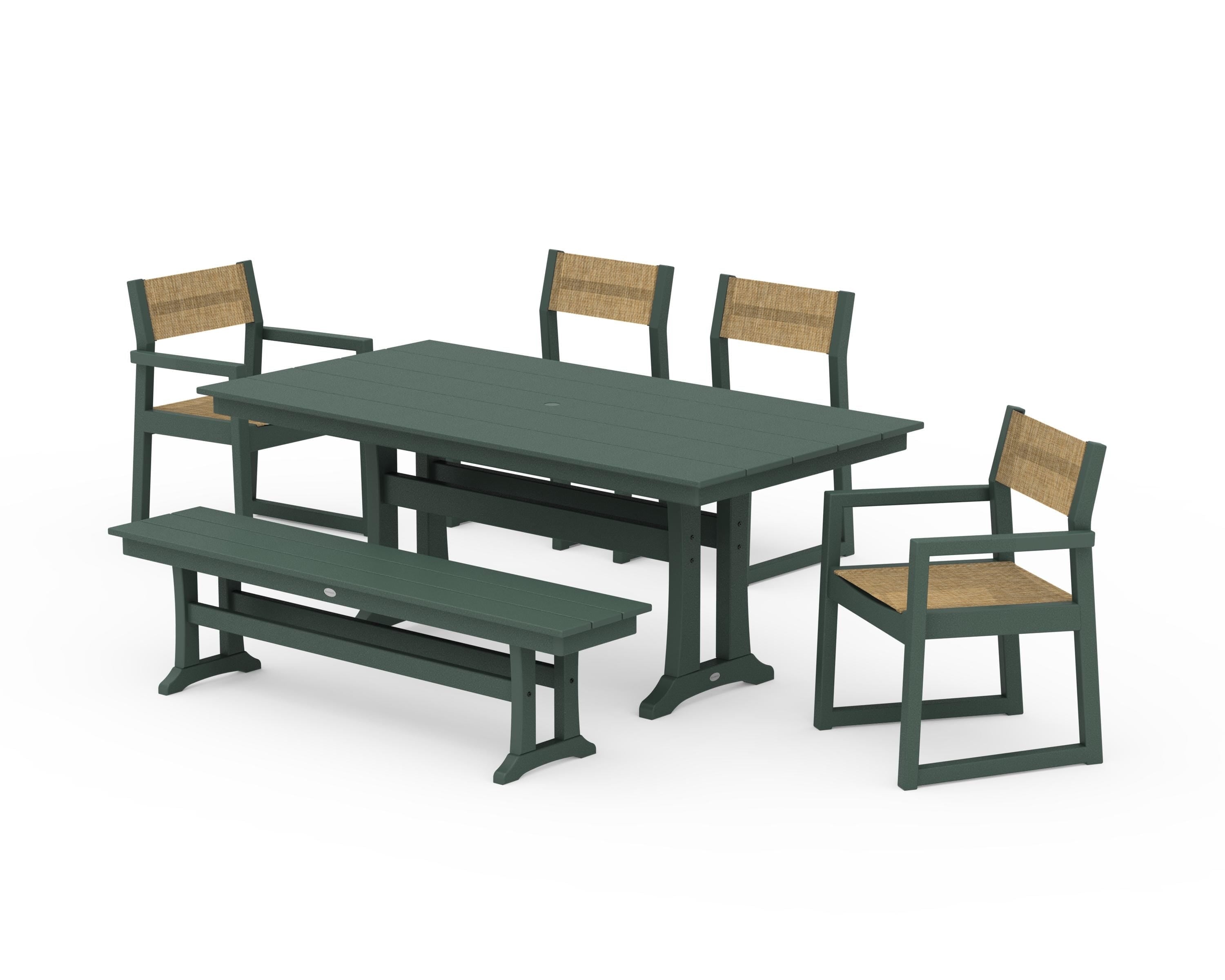 POLYWOOD EDGE Sling 6-Piece Farmhouse Dining Set With Trestle Legs in Green / Burlap Sling