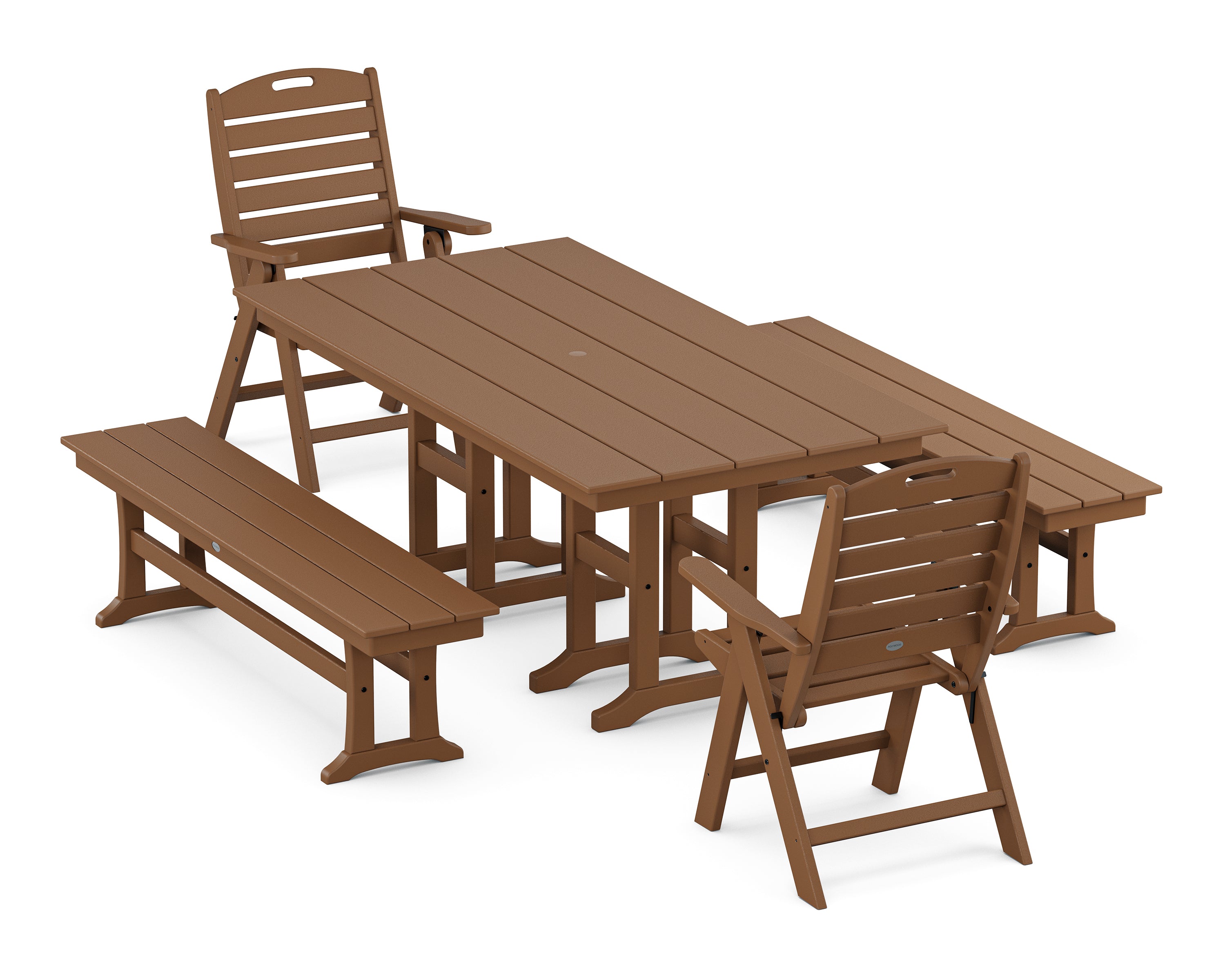 POLYWOOD Nautical Highback 5-Piece Farmhouse Dining Set with Benches in Teak