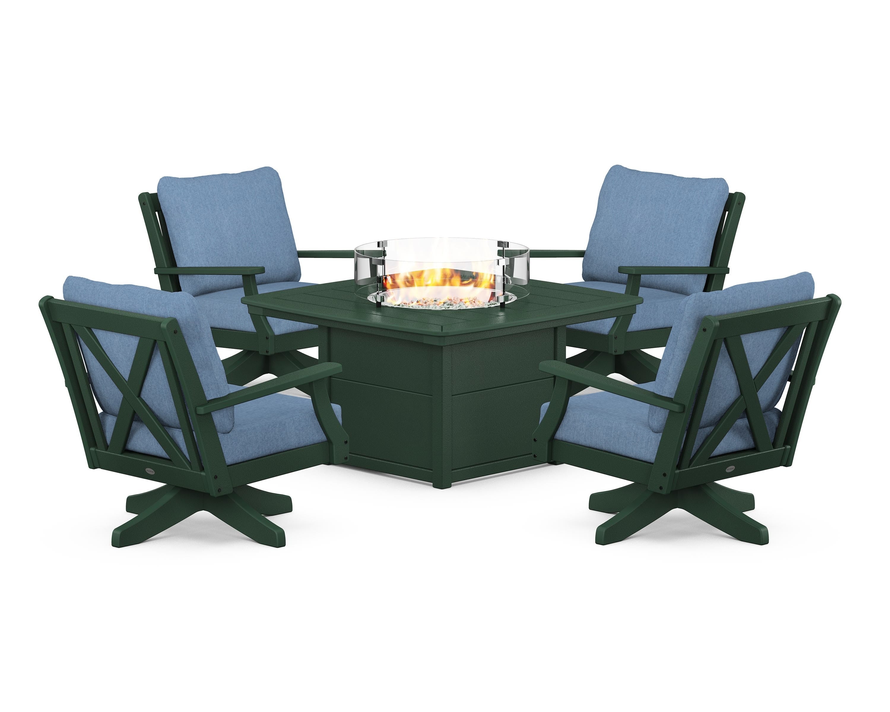 POLYWOOD Braxton 5-Piece Deep Seating Swivel Conversation Set with Fire Pit Table in Green / Sky Blue