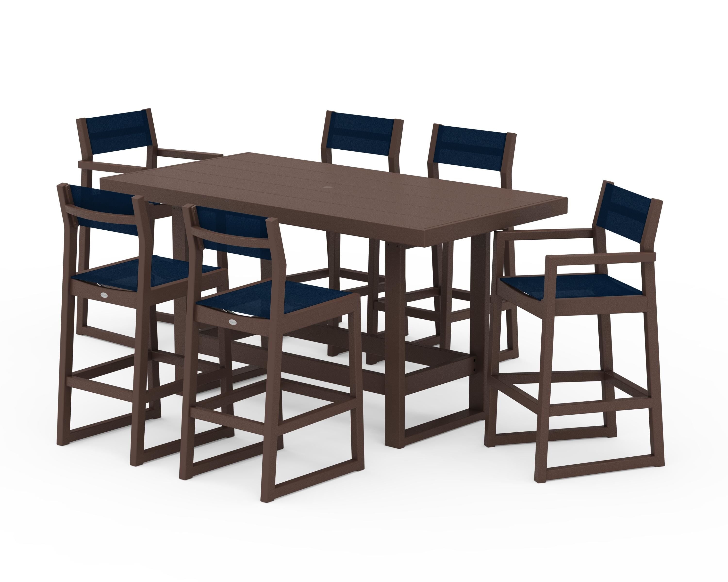 POLYWOOD EDGE Sling 7-Piece Bar Table Set in Mahogany / Navy Blue Sling