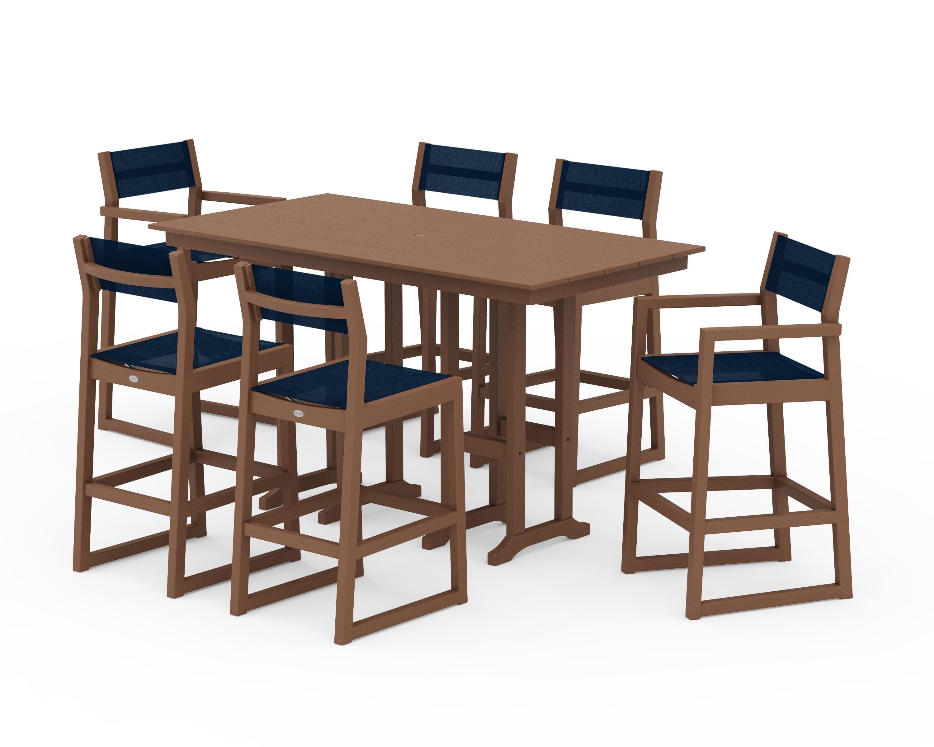 POLYWOOD EDGE Sling 7-Piece Farmhouse Bar Set in Teak / Navy Blue Sling