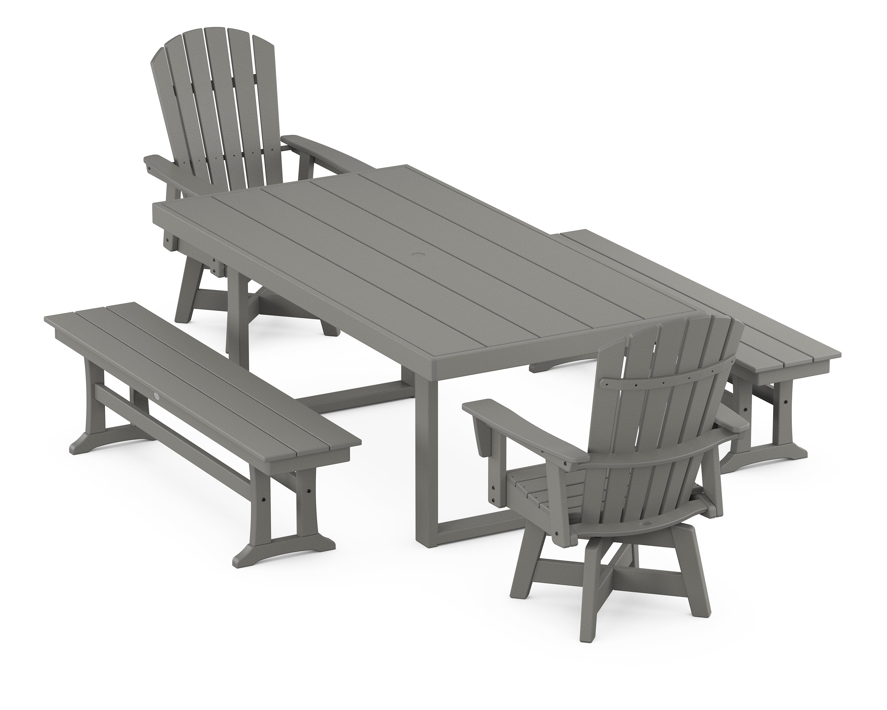 POLYWOOD® Nautical Curveback Adirondack Swivel Chair 5-Piece Dining Set with Benches in Slate Grey