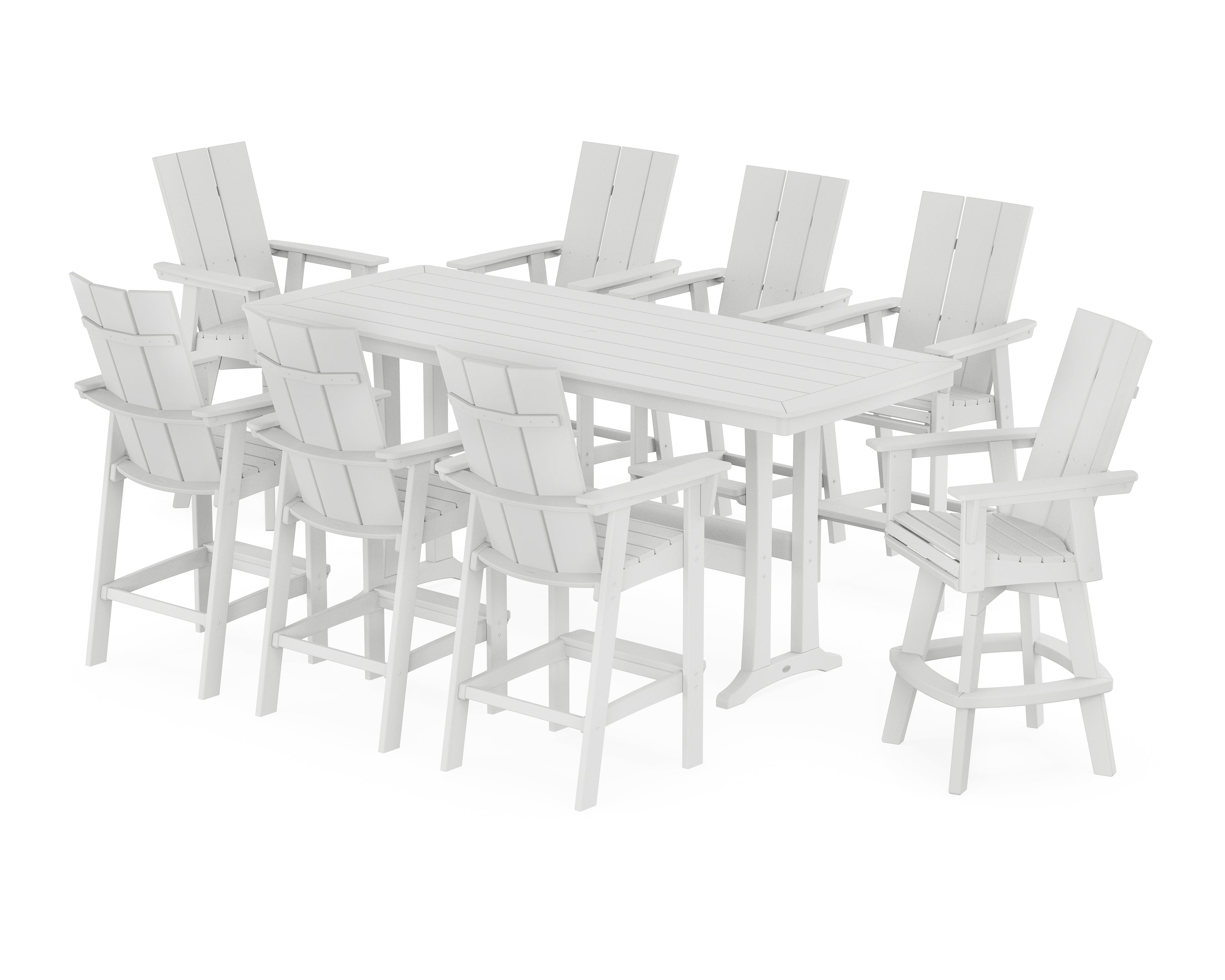 POLYWOOD® Modern Curveback Adirondack Swivel 9-Piece Bar Set with Trestle Legs in White