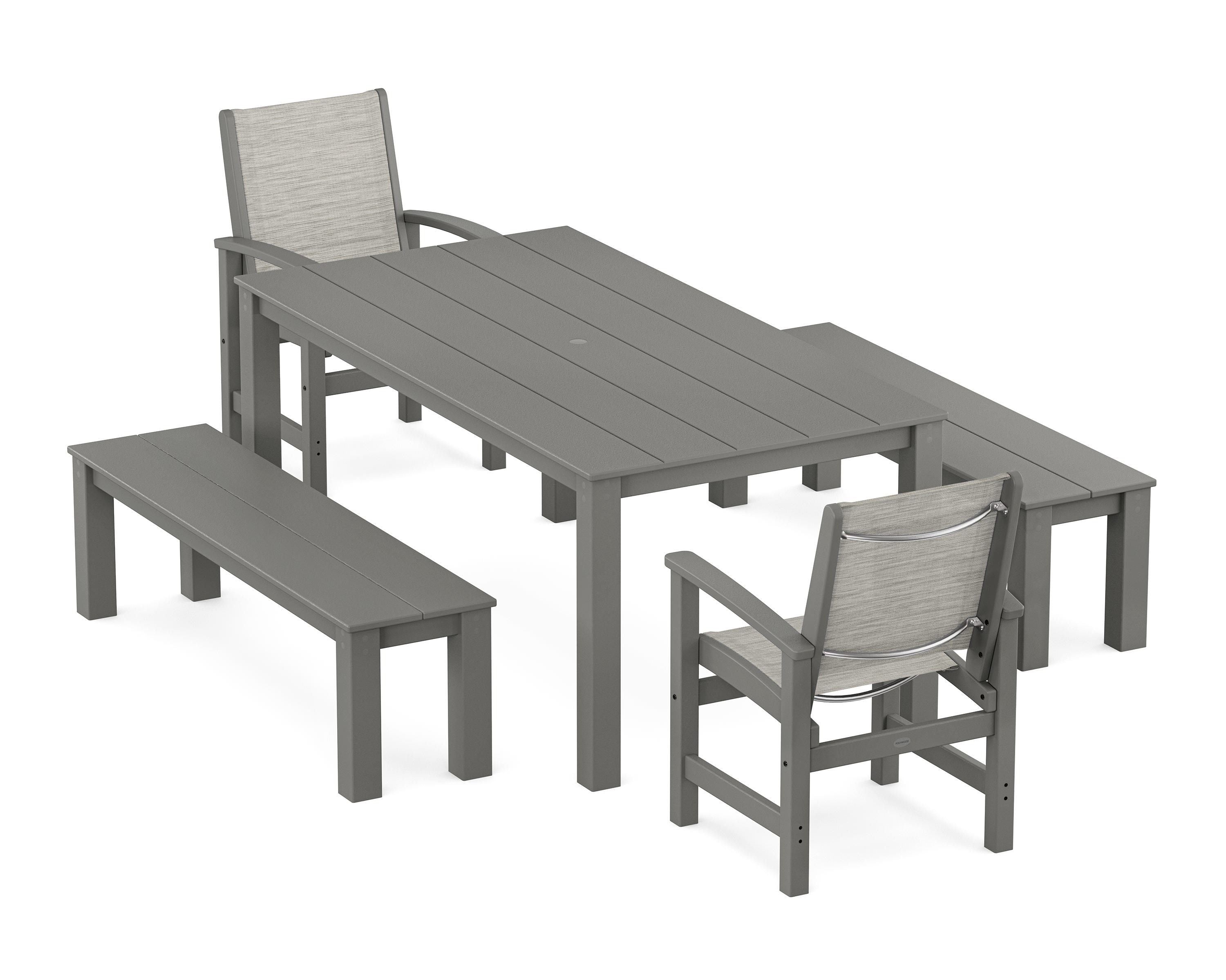 POLYWOOD Coastal 5-Piece Parsons Dining Set with Benches in Slate Grey / Birch Sling