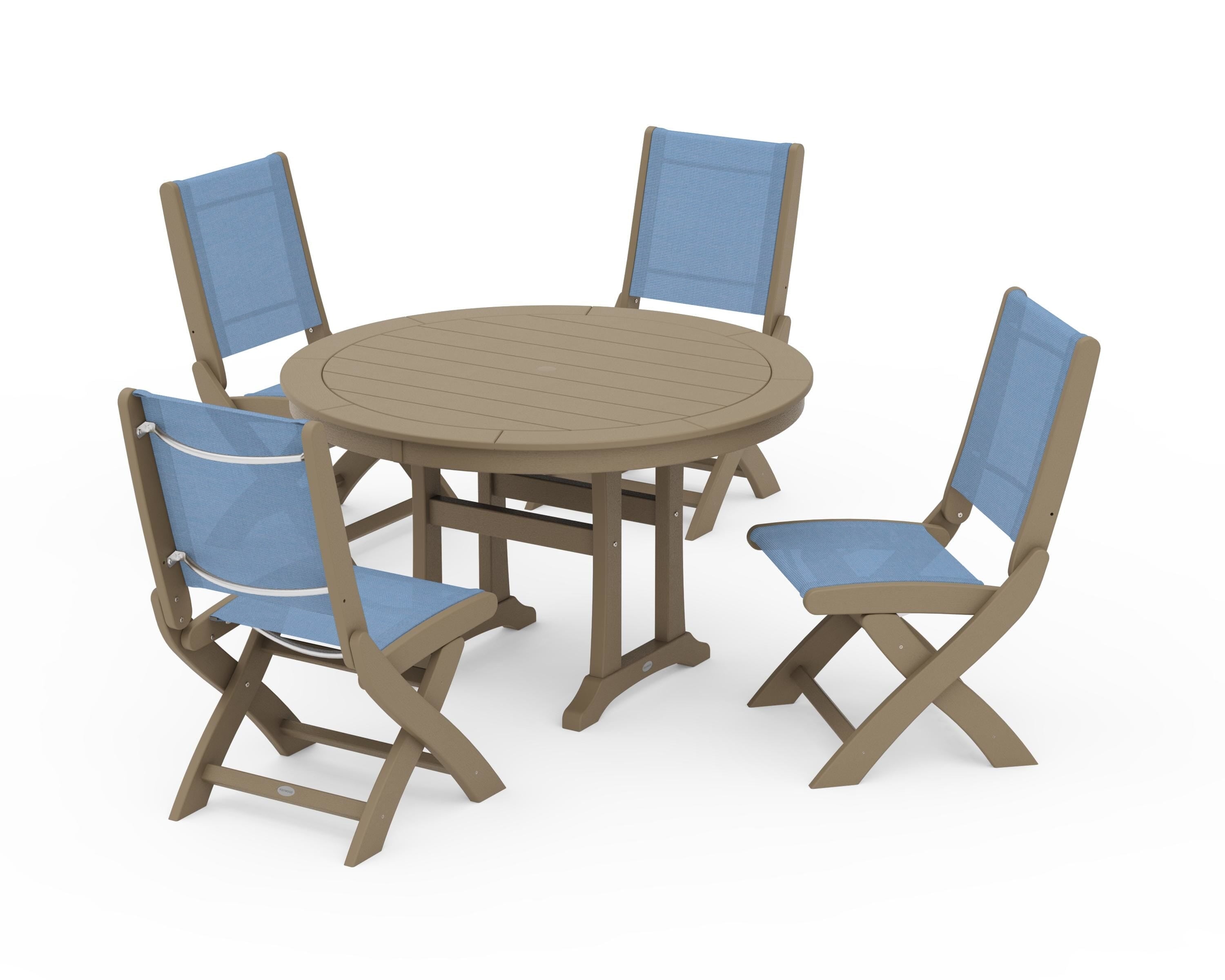 POLYWOOD Coastal Folding Side Chair 5-Piece Round Dining Set With Trestle Legs in Vintage Sahara / Poolside Sling