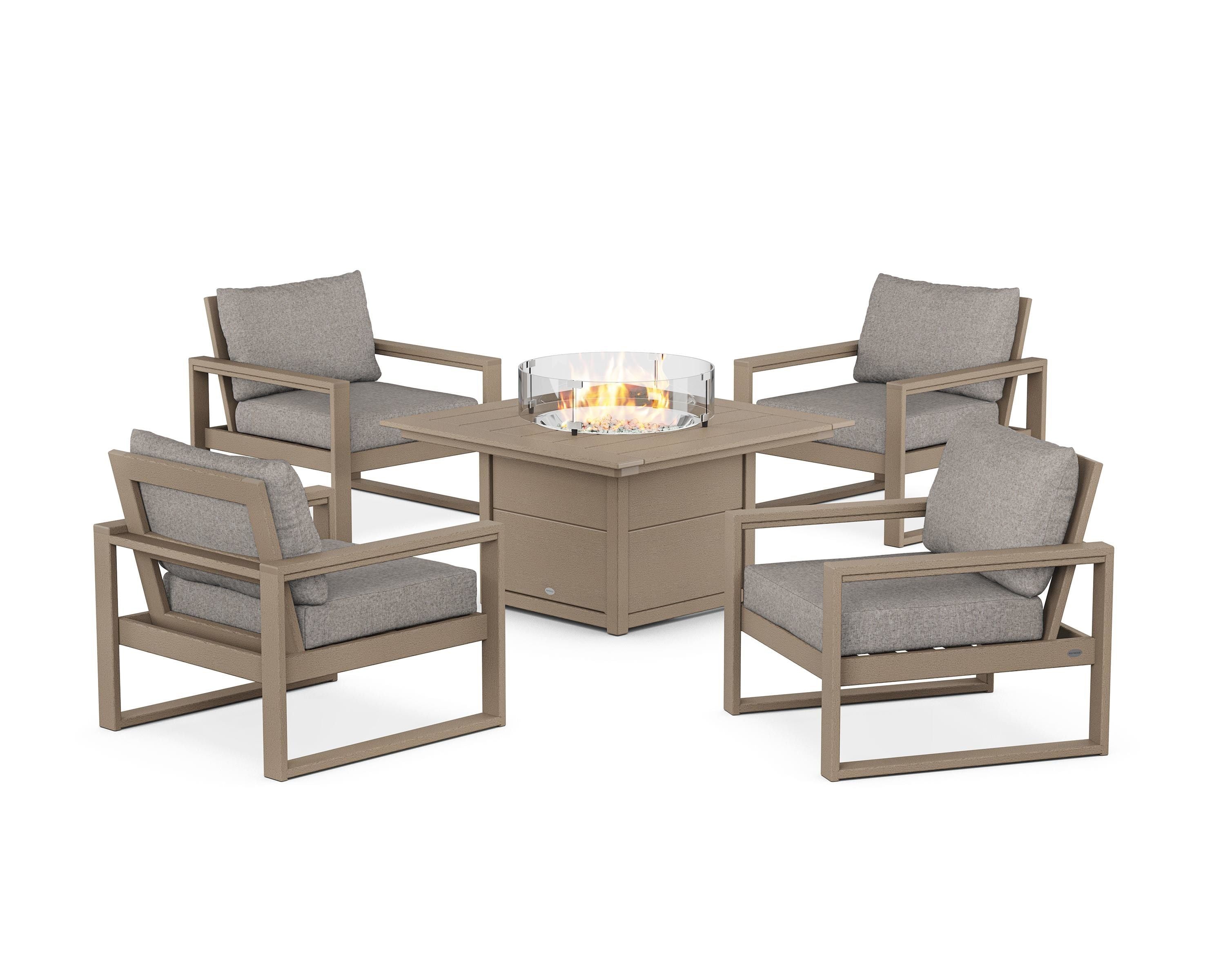 POLYWOOD EDGE Sectional 5-Piece Deep Seating Set with Fire Pit Table in Vintage Sahara / Weathered Tweed