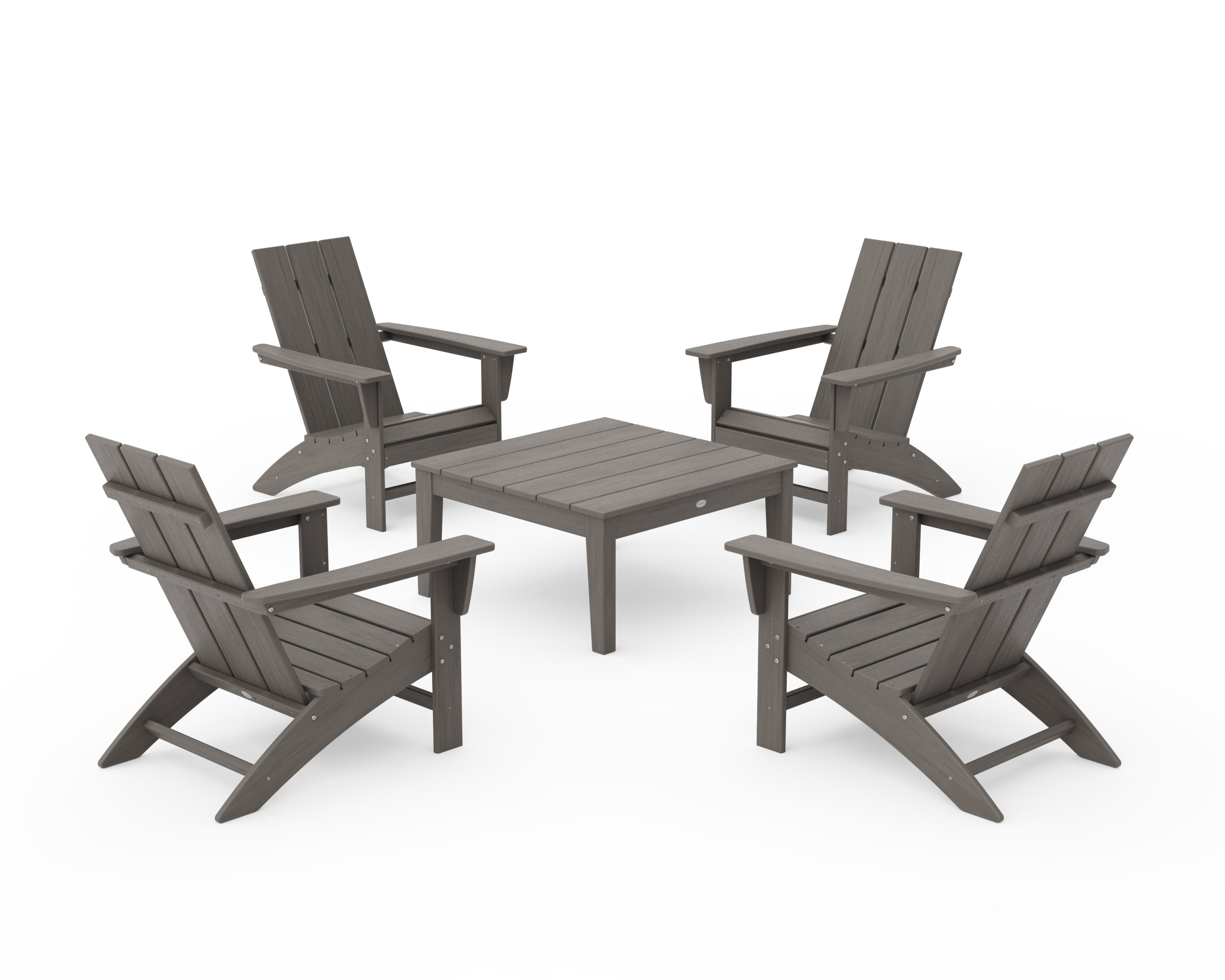 POLYWOOD 5-Piece Modern Adirondack Chair Conversation Set with 36" Conversation Table in Driftwood