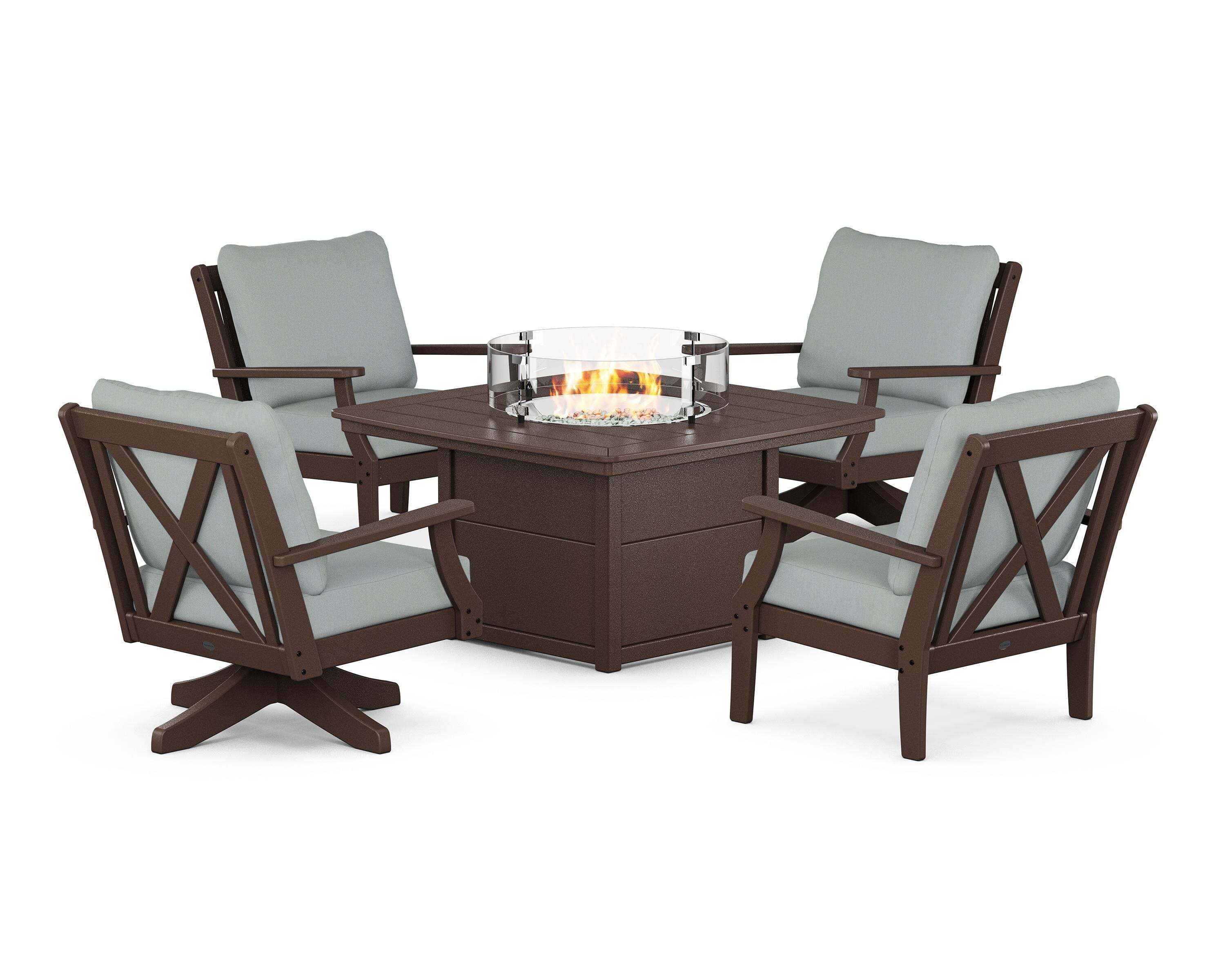 POLYWOOD Braxton 5-Piece Deep Seating Set with Fire Table in Mahogany / Spa