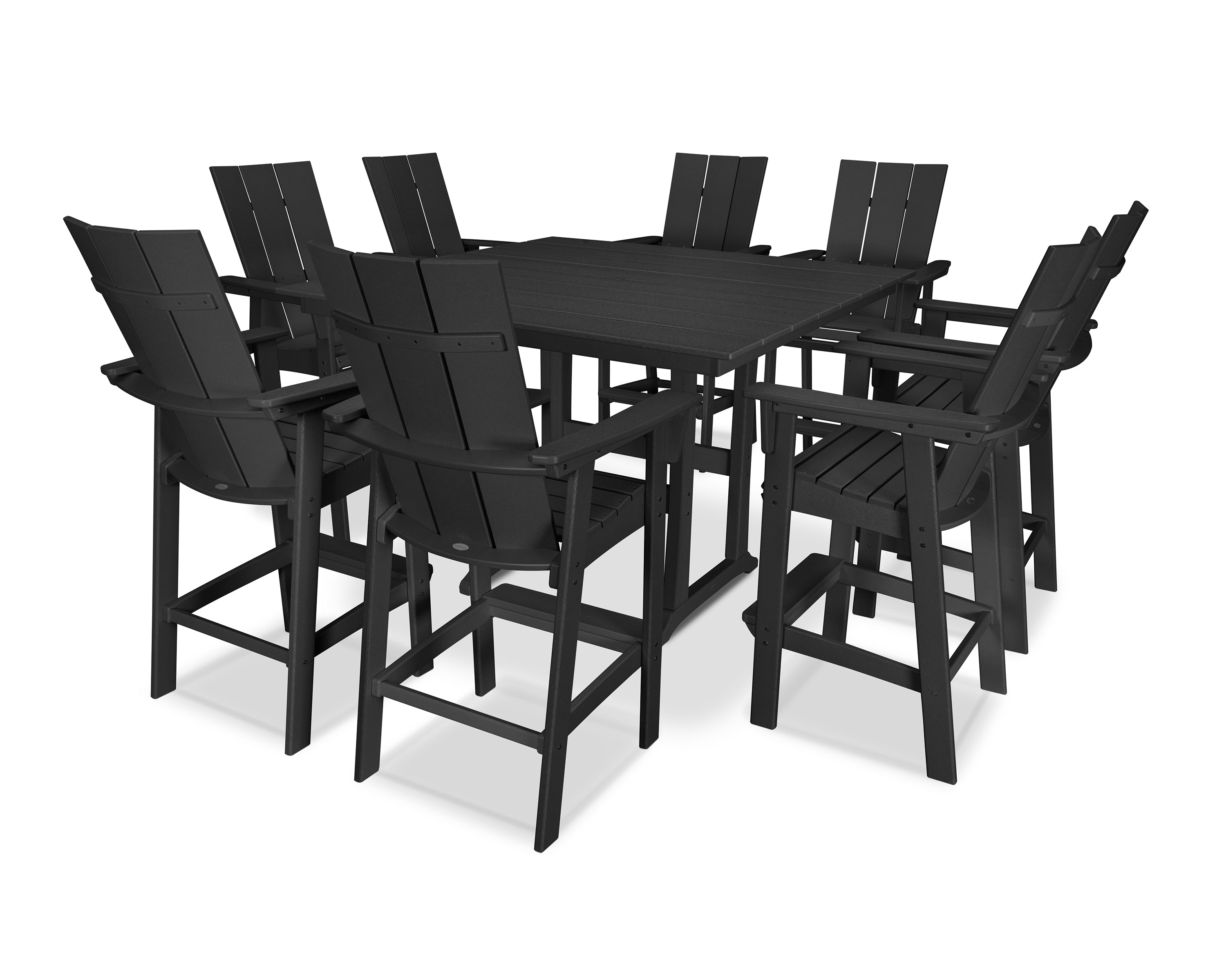 POLYWOOD® Modern Curveback Adirondack 9-Piece Farmhouse Trestle Bar Set in Black