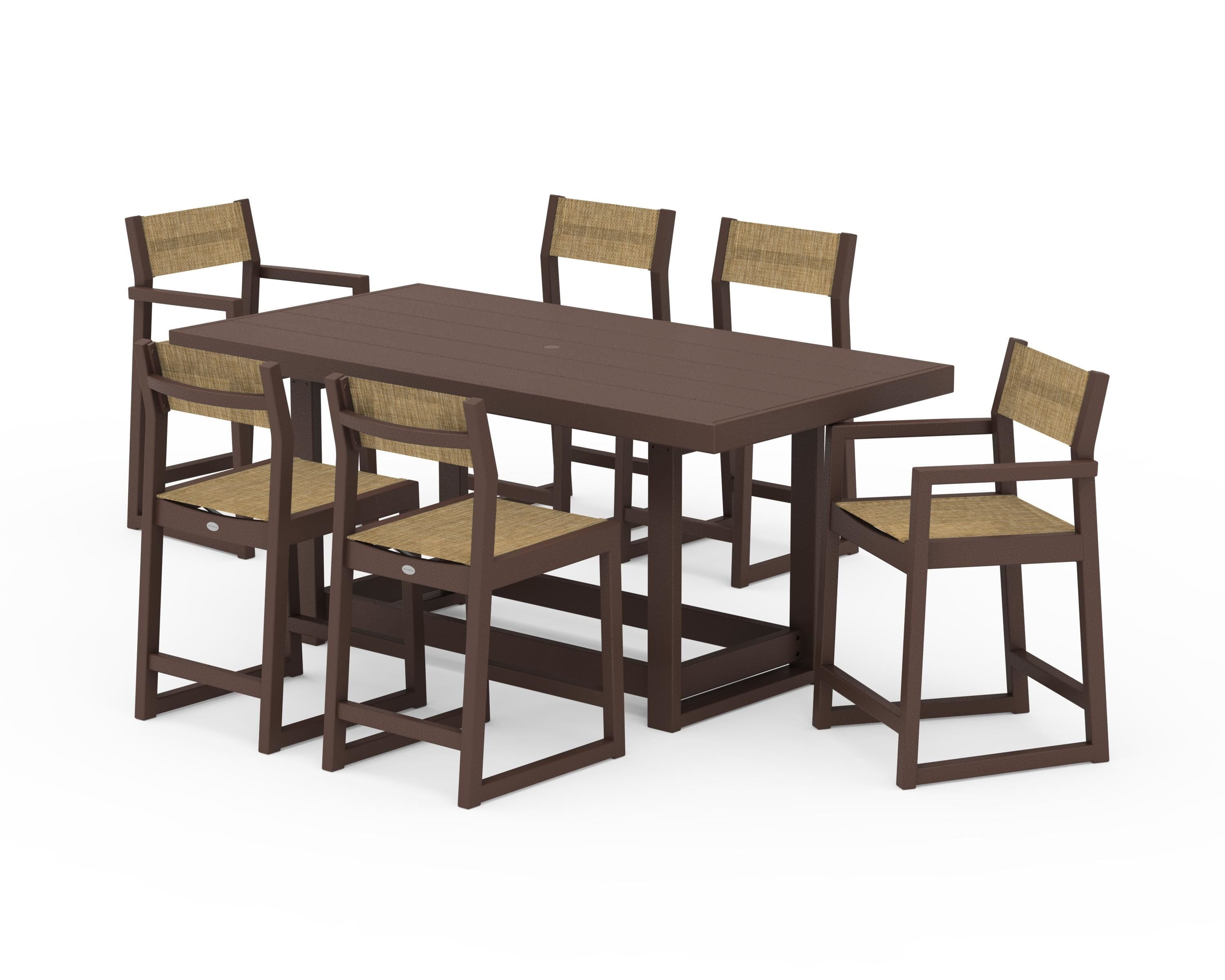 POLYWOOD EDGE Sling 7-Piece Counter Table Set in Mahogany / Burlap Sling