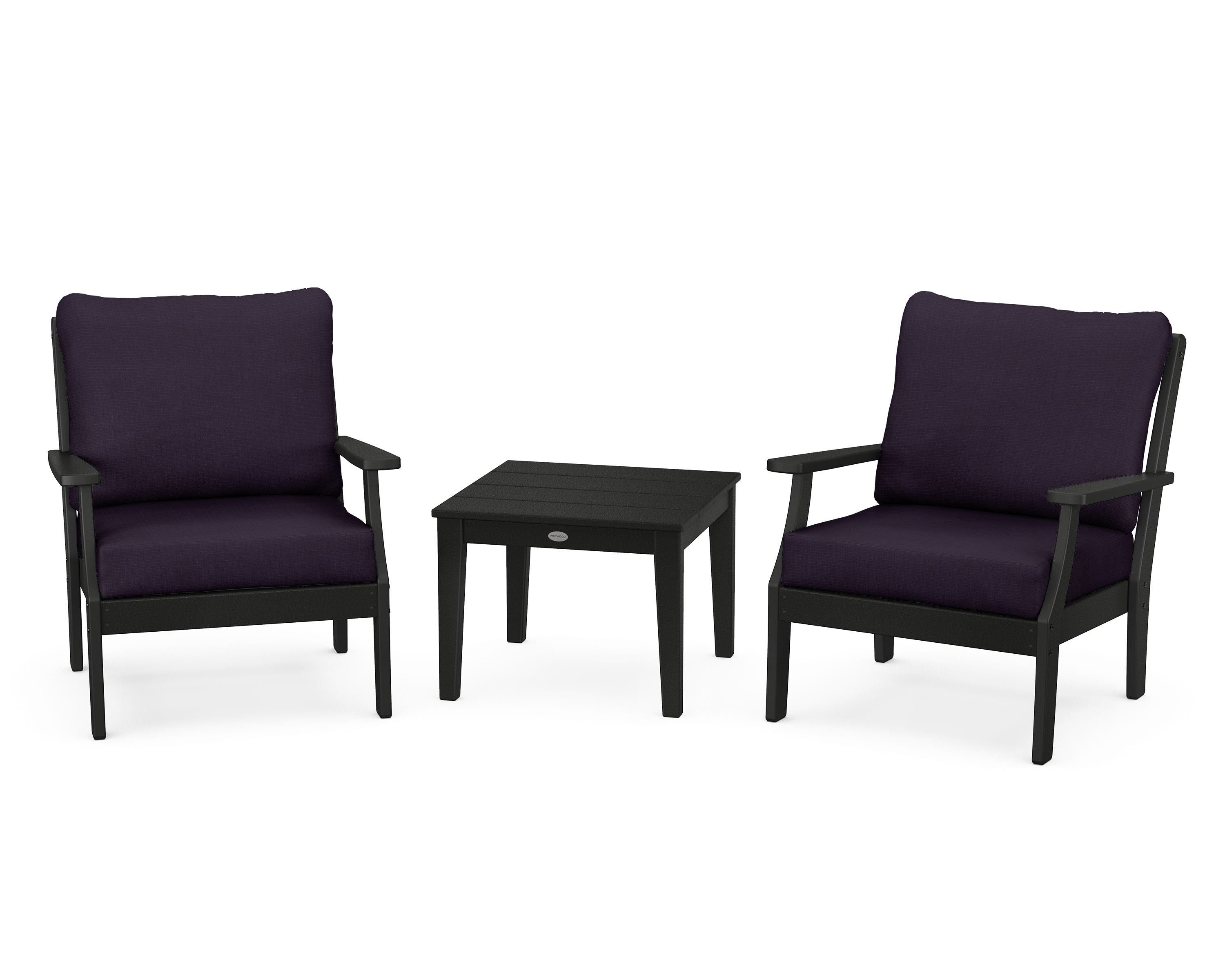 POLYWOOD Braxton 3-Piece Deep Seating Set in Black / Navy Linen