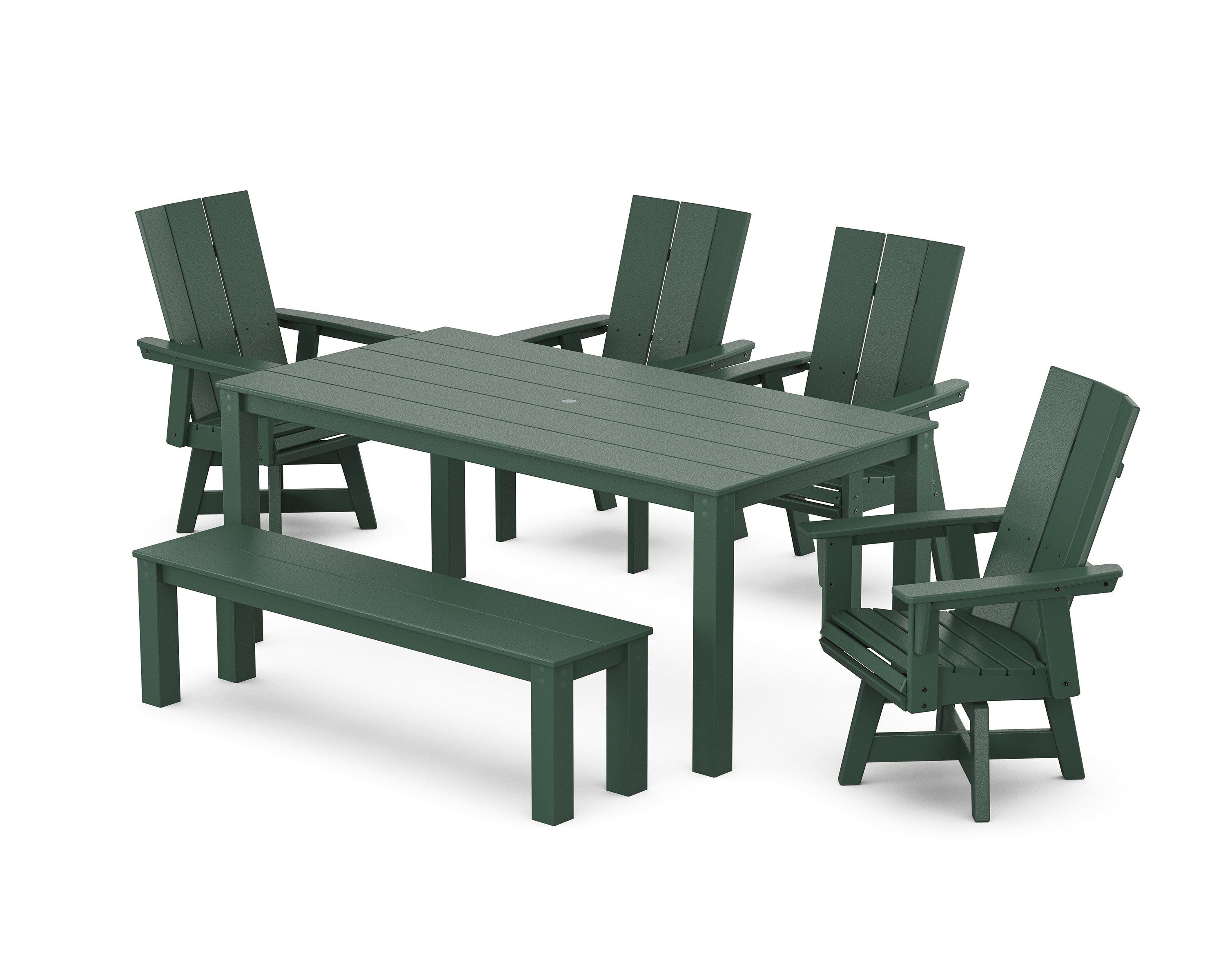 POLYWOOD Modern Curveback Adirondack 6-Piece Parsons Swivel Dining Set with Bench in Green