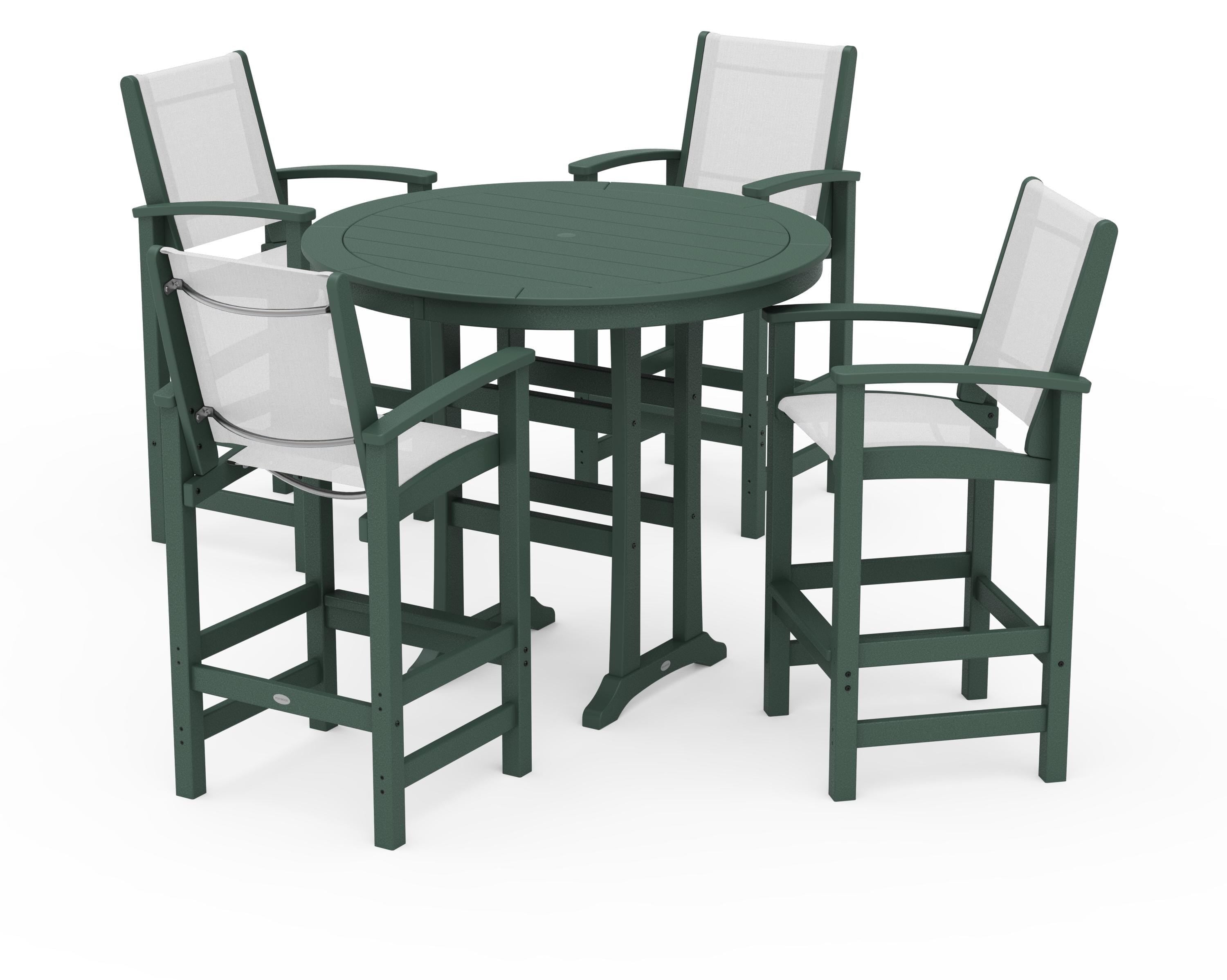 POLYWOOD Coastal 5-Piece Nautical Trestle Bar Set in Green / White Sling