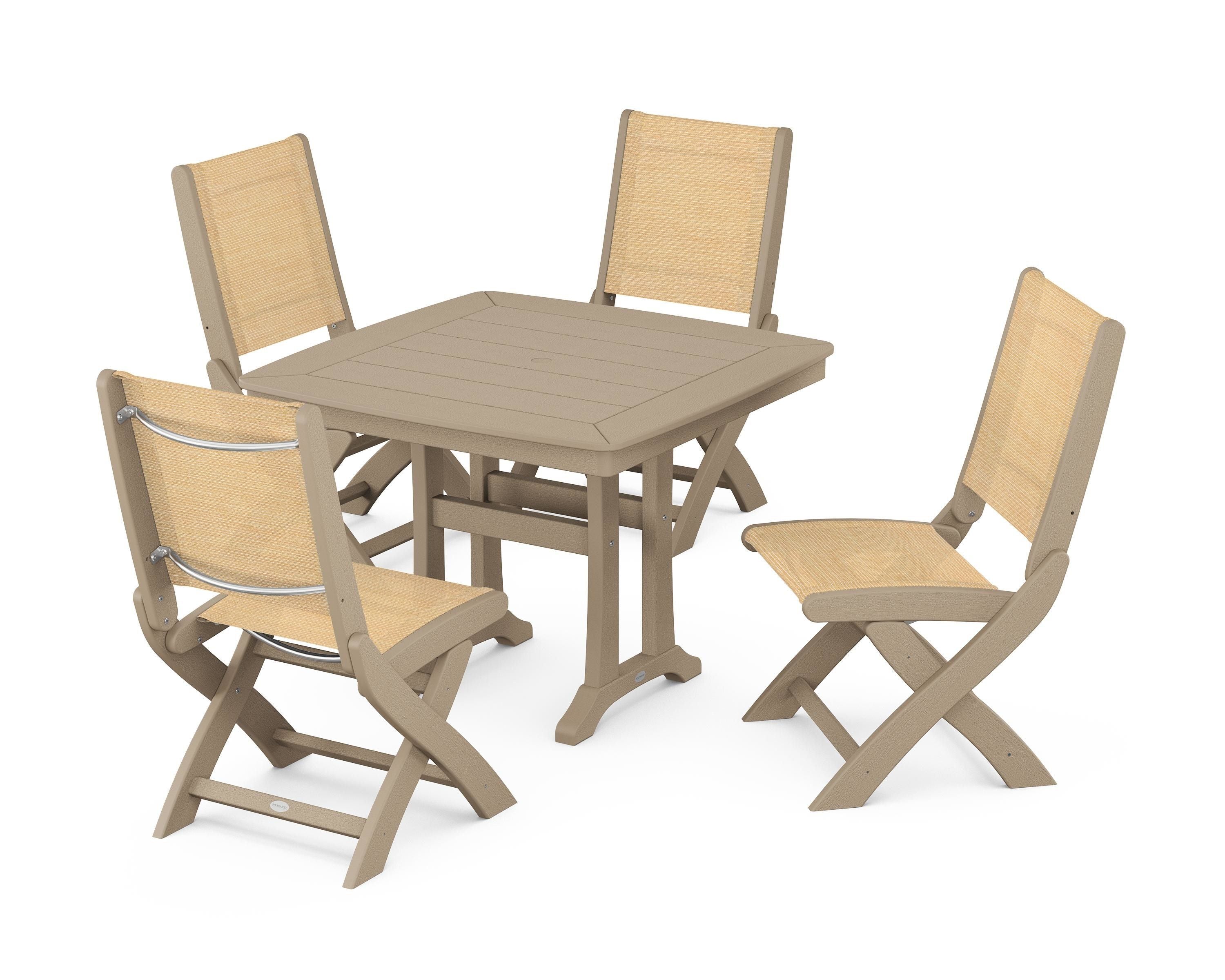 POLYWOOD Coastal Folding Side Chair 5-Piece Dining Set with Trestle Legs in Vintage Sahara / Dupioni Apricot Sling