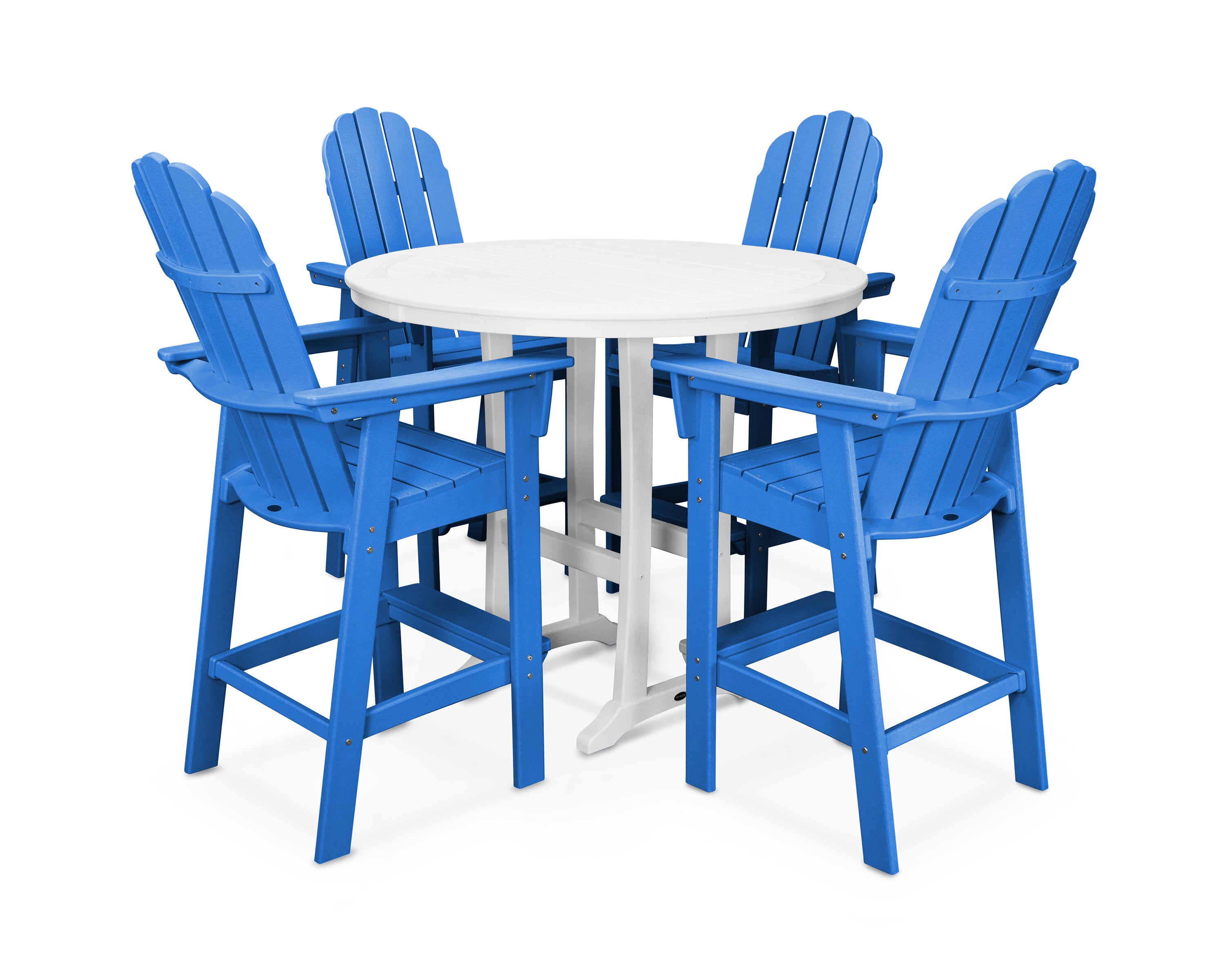 POLYWOOD® Vineyard Curveback Adirondack 5-Piece Nautical Trestle Bar Set in Pacific Blue / White