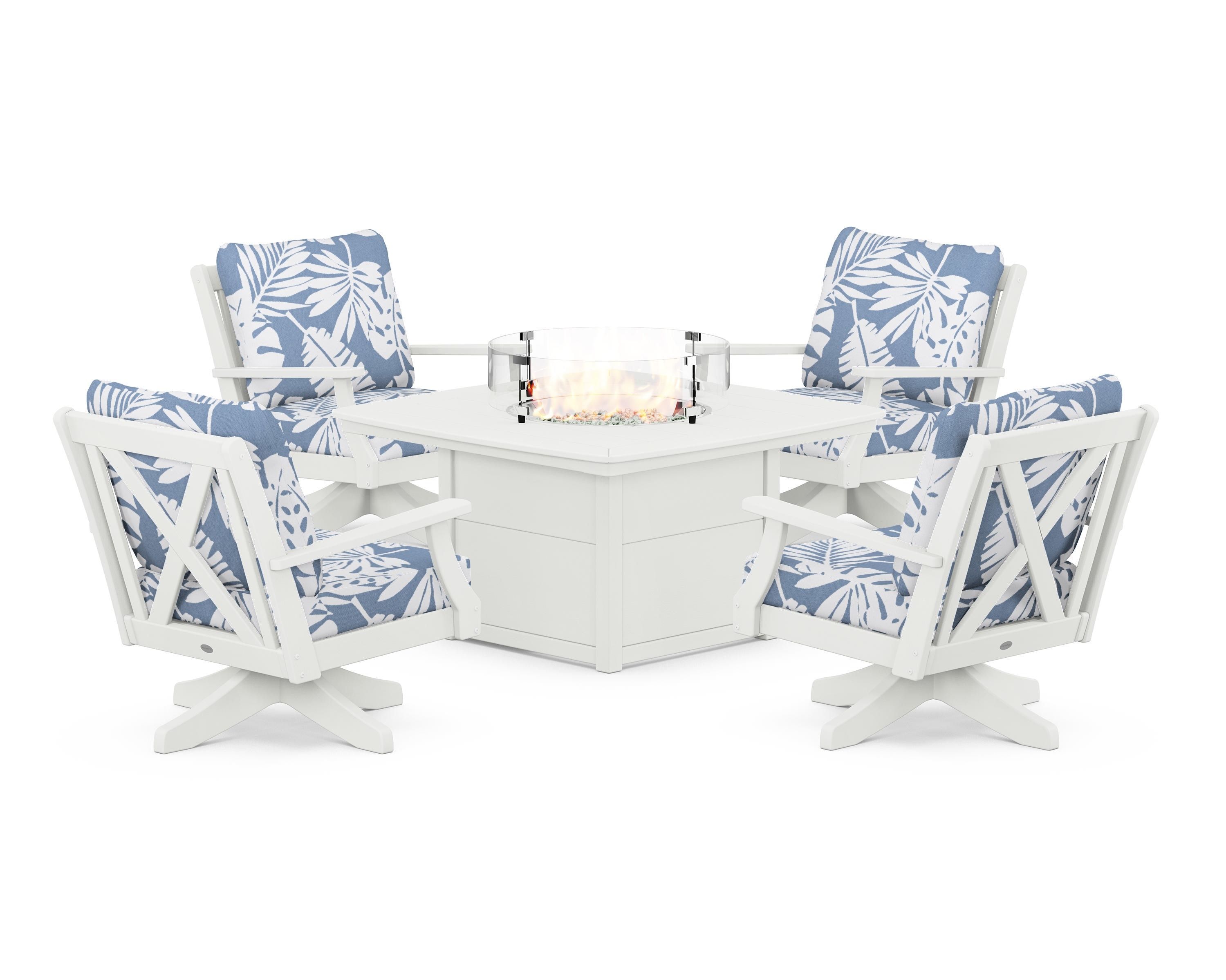 POLYWOOD Braxton 5-Piece Deep Seating Swivel Conversation Set with Fire Pit Table in Vintage White / Leaf Sky Blue